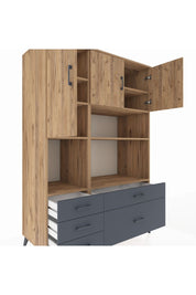 Kronos Dolap 8 Raflı 5 Çekmeceli 3 Kapaklı 132x59x195 Çam-Çam/Antrasit