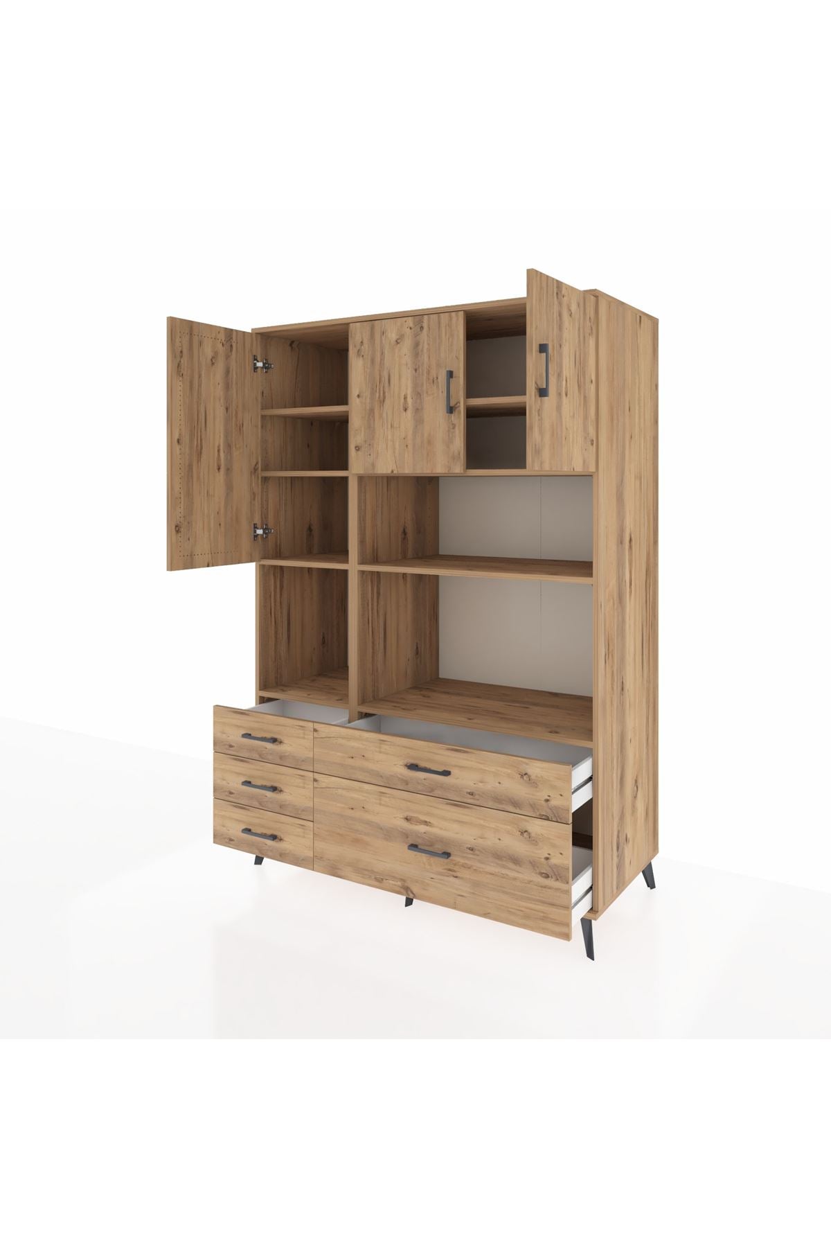 Kronos Dolap 8 Raflı 5 Çekmeceli 3 Kapaklı 132x59x195 Çam-Çam/Çam