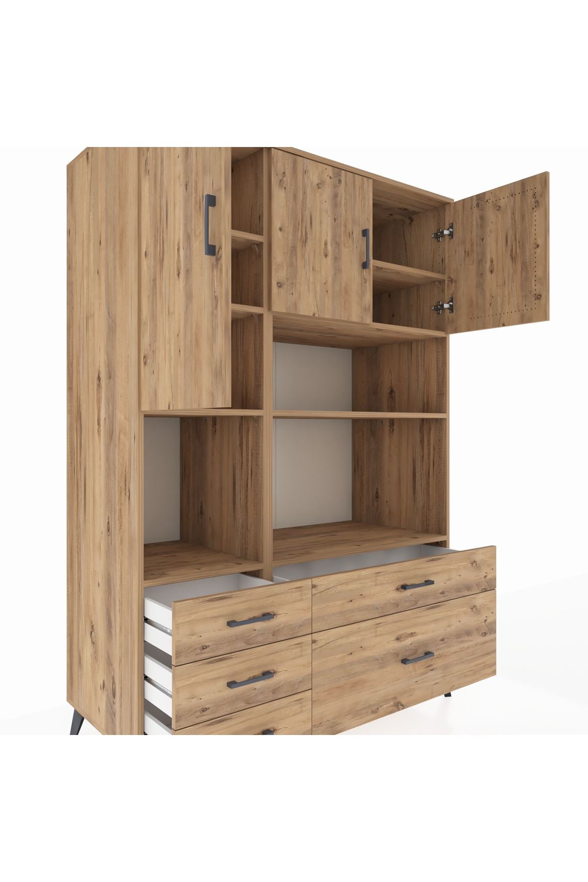 Kronos Dolap 8 Raflı 5 Çekmeceli 3 Kapaklı 132x59x195 Çam-Çam/Çam