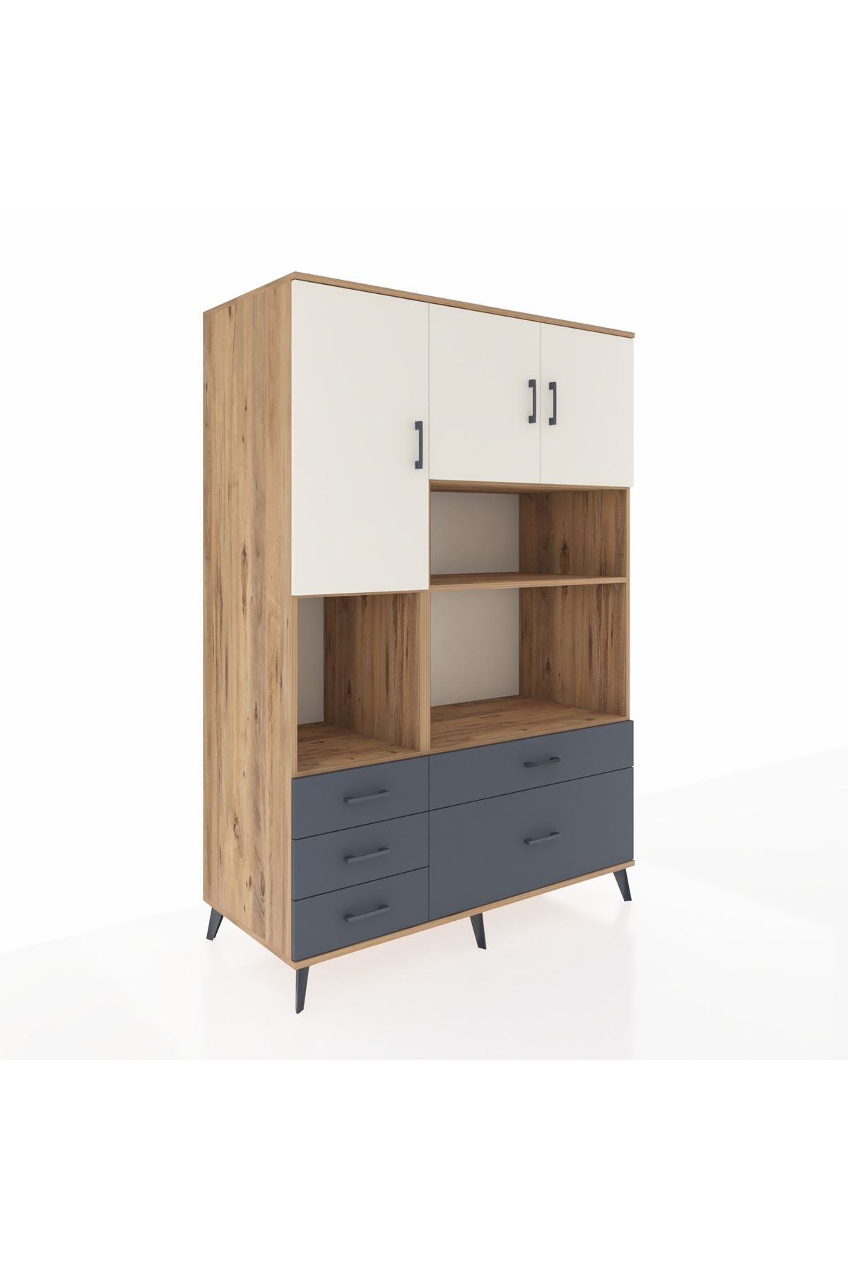 Kronos Dolap 8 Raflı 5 Çekmeceli 3 Kapaklı 132x59x195 Çam-Aytaşı/Antrasit