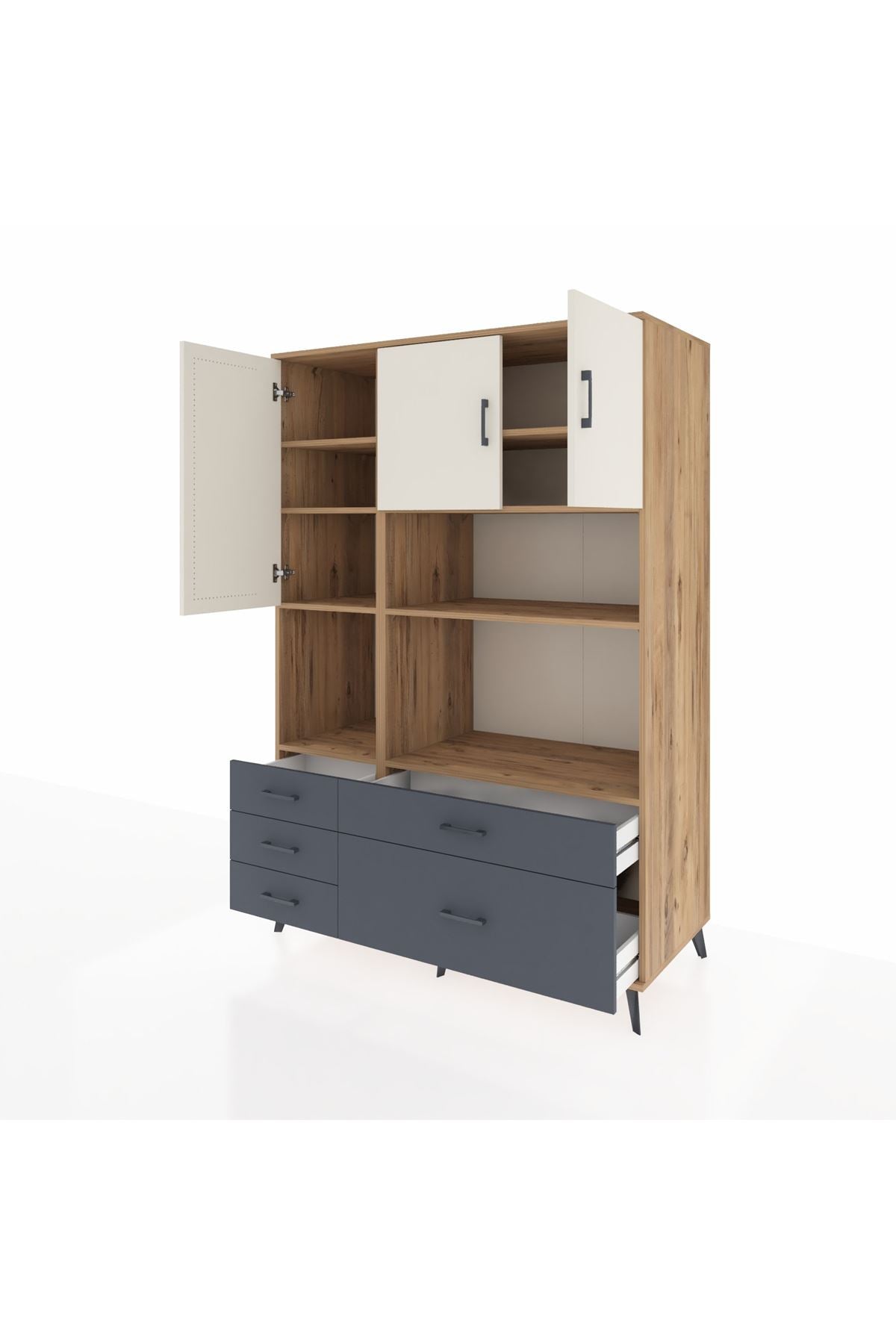 Kronos Dolap 8 Raflı 5 Çekmeceli 3 Kapaklı 132x59x195 Çam-Aytaşı/Antrasit