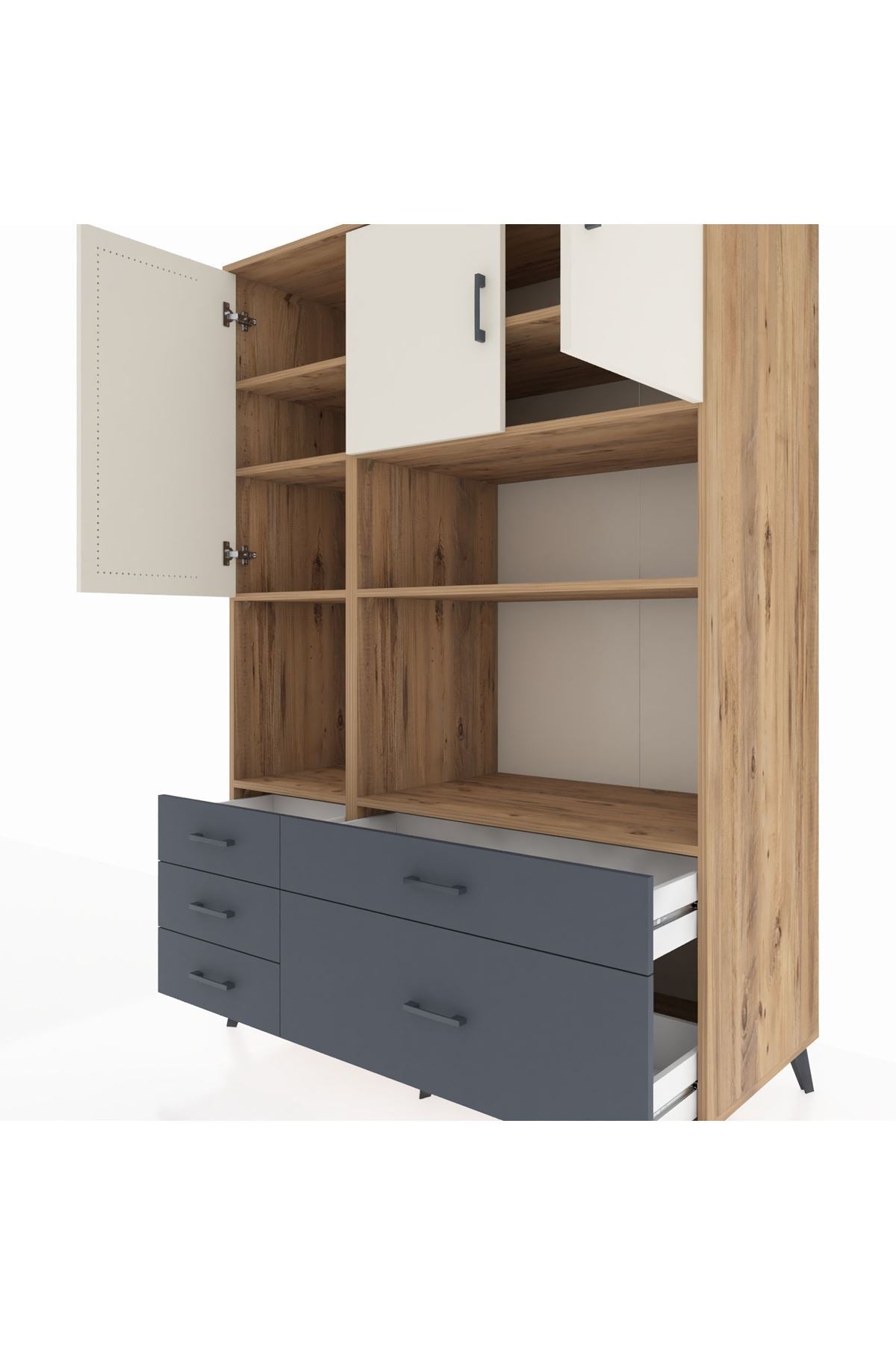 Kronos Dolap 8 Raflı 5 Çekmeceli 3 Kapaklı 132x59x195 Çam-Aytaşı/Antrasit