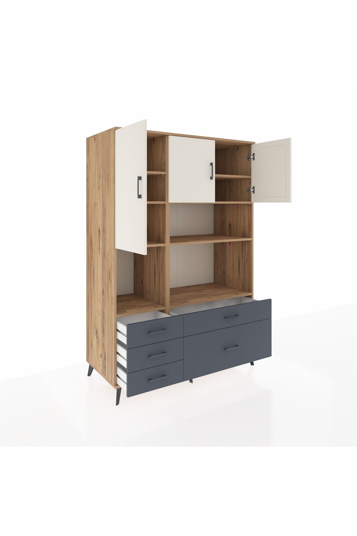 Kronos Dolap 8 Raflı 5 Çekmeceli 3 Kapaklı 132x59x195 Çam-Aytaşı/Antrasit