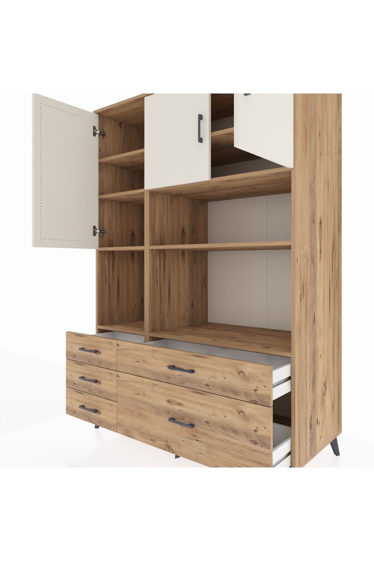 Kronos Dolap 8 Raflı 5 Çekmeceli 3 Kapaklı 132x59x195 Çam-Aytaşı/Çam