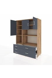 Kronos Dolap 8 Raflı 5 Çekmeceli 3 Kapaklı 132x59x195 Çam-Antrasit/Antrasit