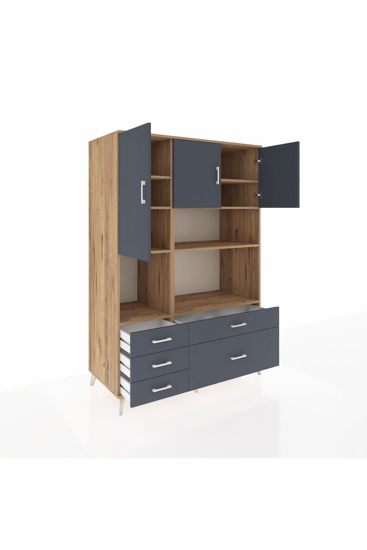 Kronos Dolap 8 Raflı 5 Çekmeceli 3 Kapaklı 132x59x195 Çam-Antrasit/Antrasit