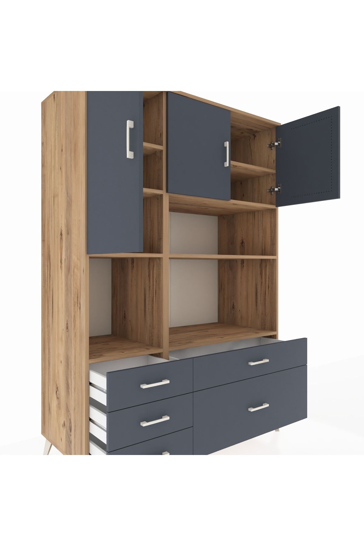 Kronos Dolap 8 Raflı 5 Çekmeceli 3 Kapaklı 132x59x195 Çam-Antrasit/Antrasit