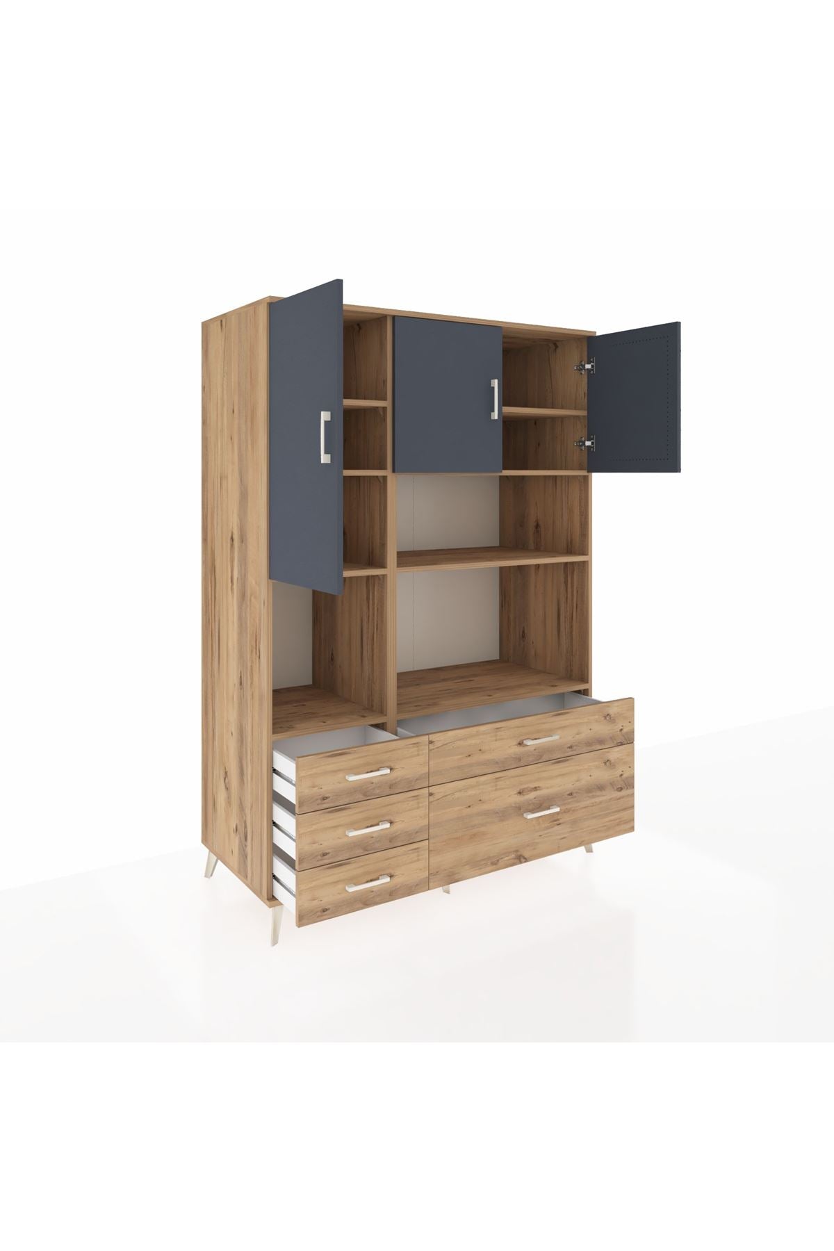 Kronos Dolap 8 Raflı 5 Çekmeceli 3 Kapaklı 132x59x195 Çam-Antrasit/Çam