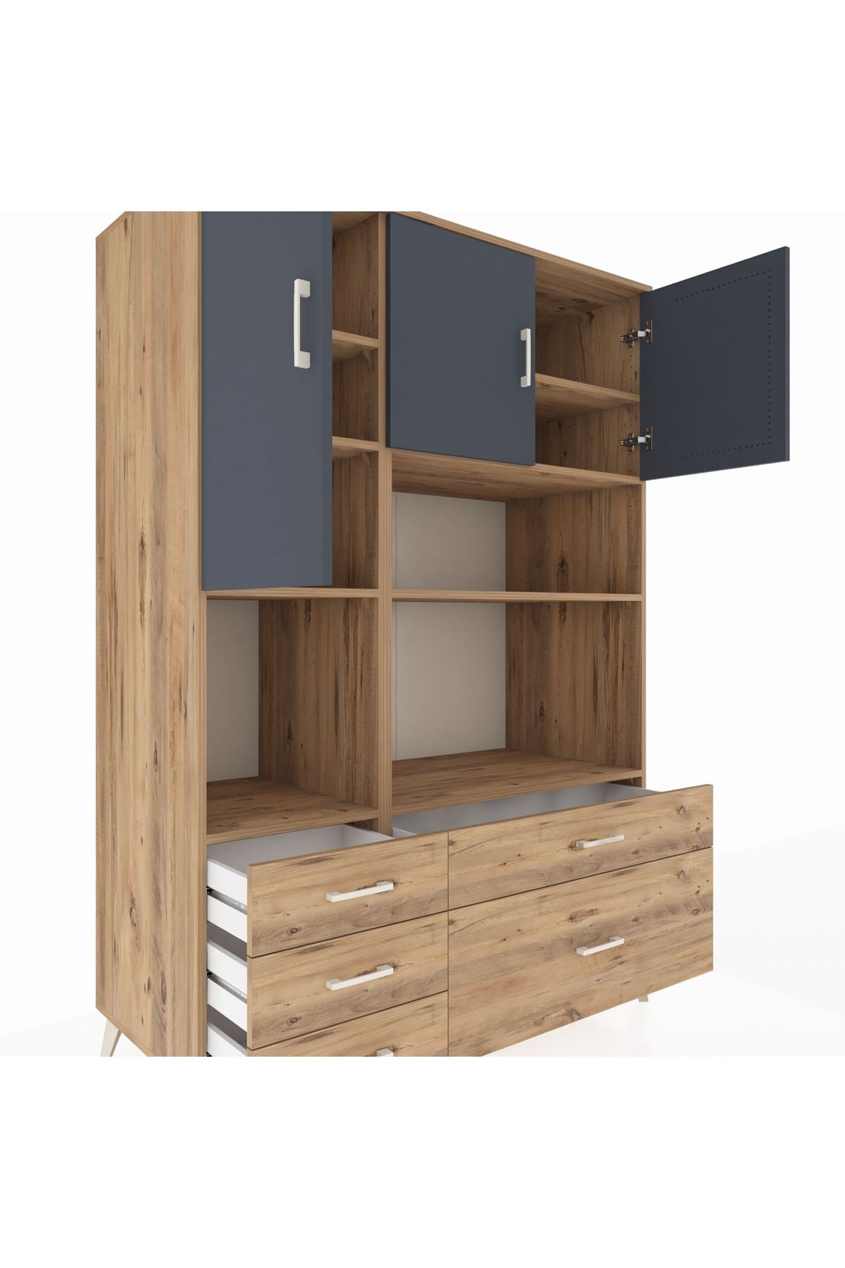 Kronos Dolap 8 Raflı 5 Çekmeceli 3 Kapaklı 132x59x195 Çam-Antrasit/Çam