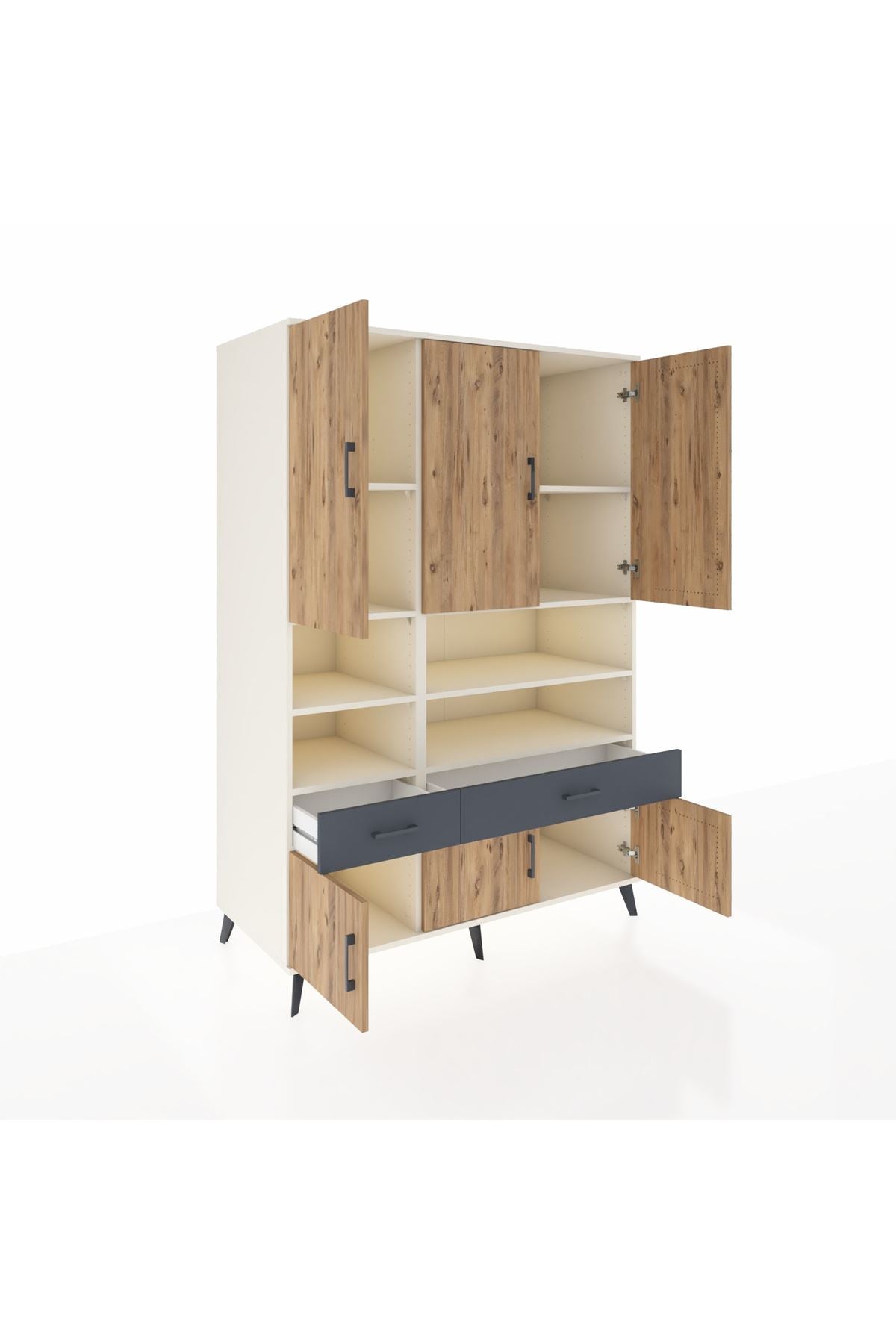 Kronos Dolap 8 Raflı 2 Çekmeceli 6 Kapaklı 132x59x195 Aytaşı-Çam/Antrasit