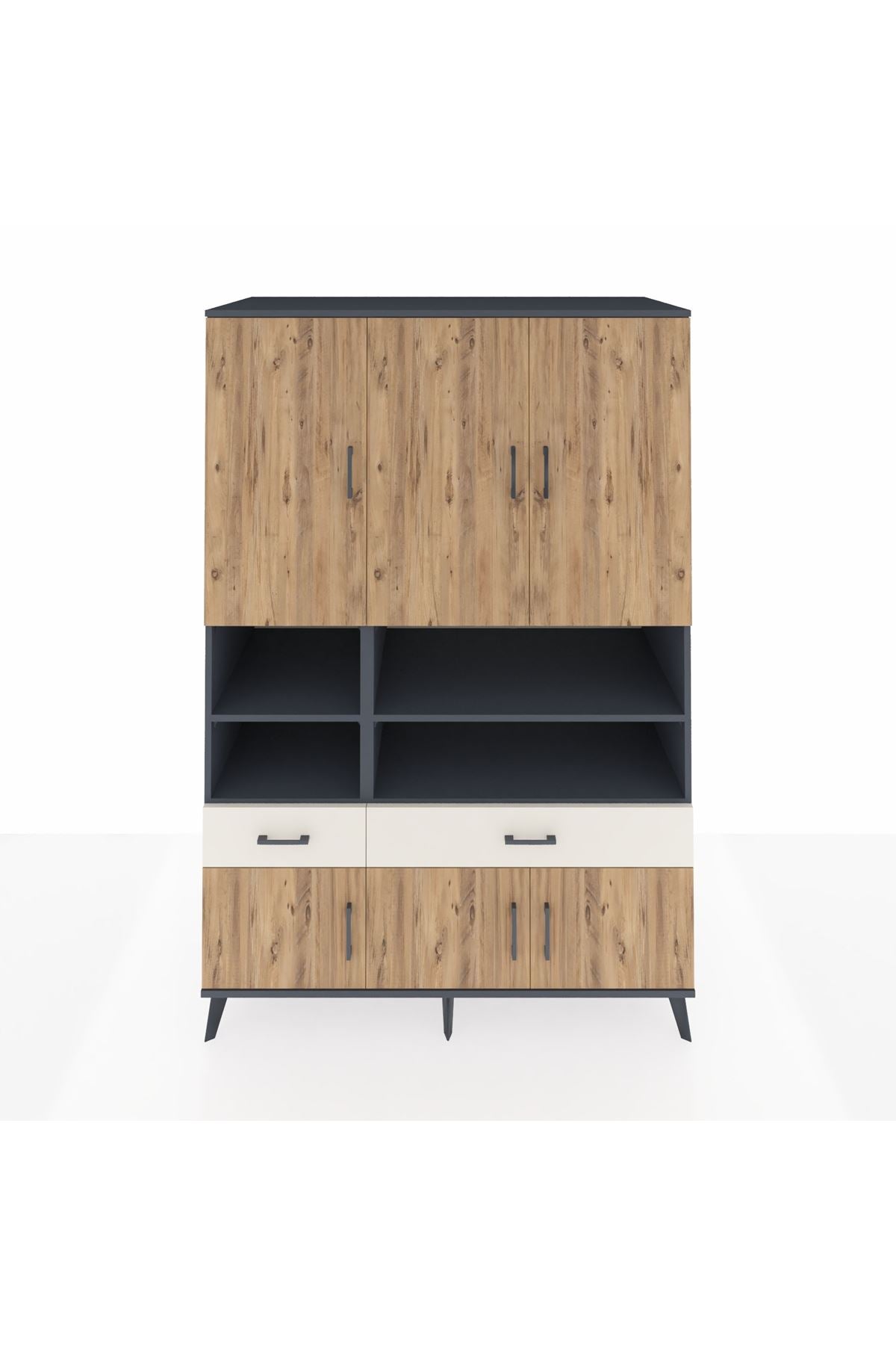 Kronos Dolap 8 Raflı 2 Çekmeceli 6 Kapaklı 132x59x195 Antrasit-Çam/Aytaşı