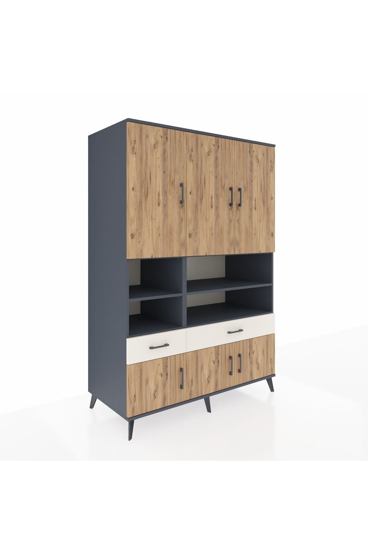 Kronos Dolap 8 Raflı 2 Çekmeceli 6 Kapaklı 132x59x195 Antrasit-Çam/Aytaşı