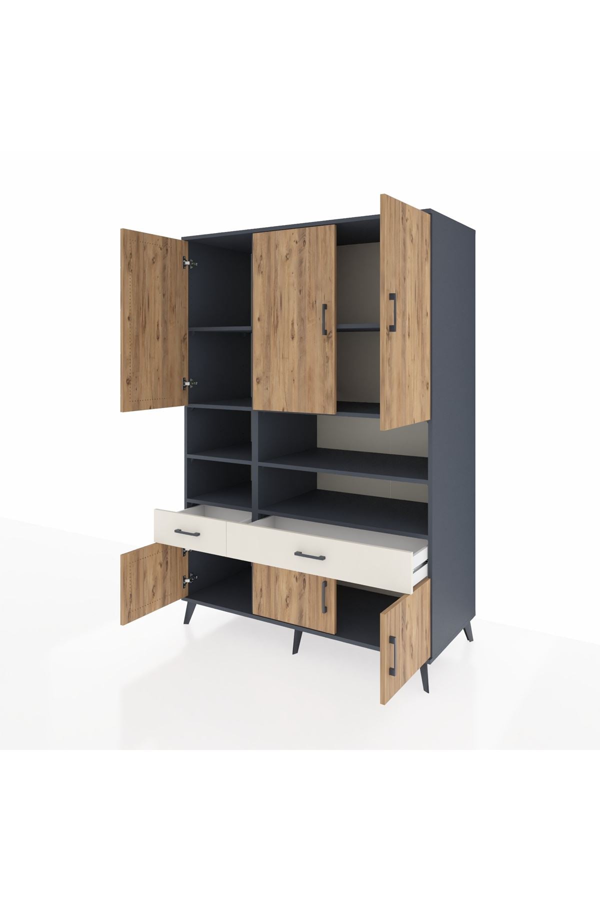 Kronos Dolap 8 Raflı 2 Çekmeceli 6 Kapaklı 132x59x195 Antrasit-Çam/Aytaşı