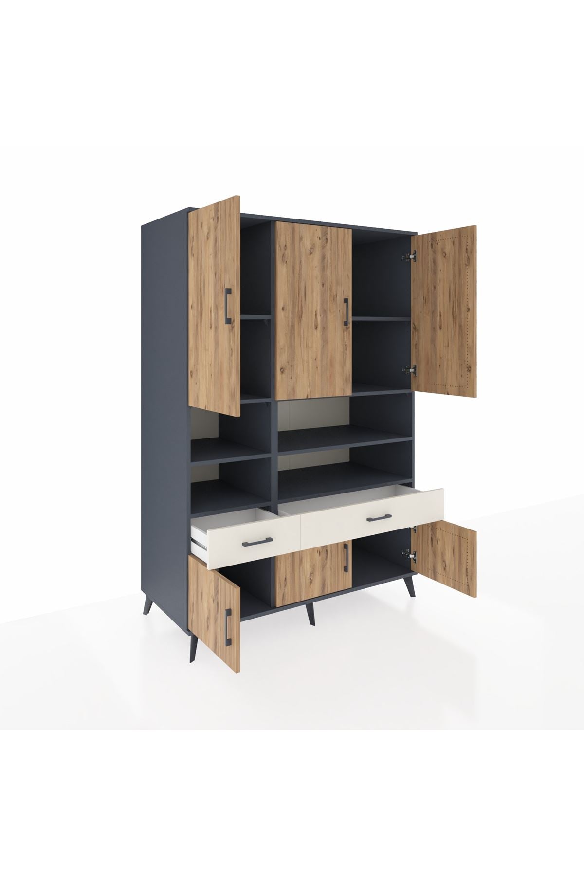 Kronos Dolap 8 Raflı 2 Çekmeceli 6 Kapaklı 132x59x195 Antrasit-Çam/Aytaşı