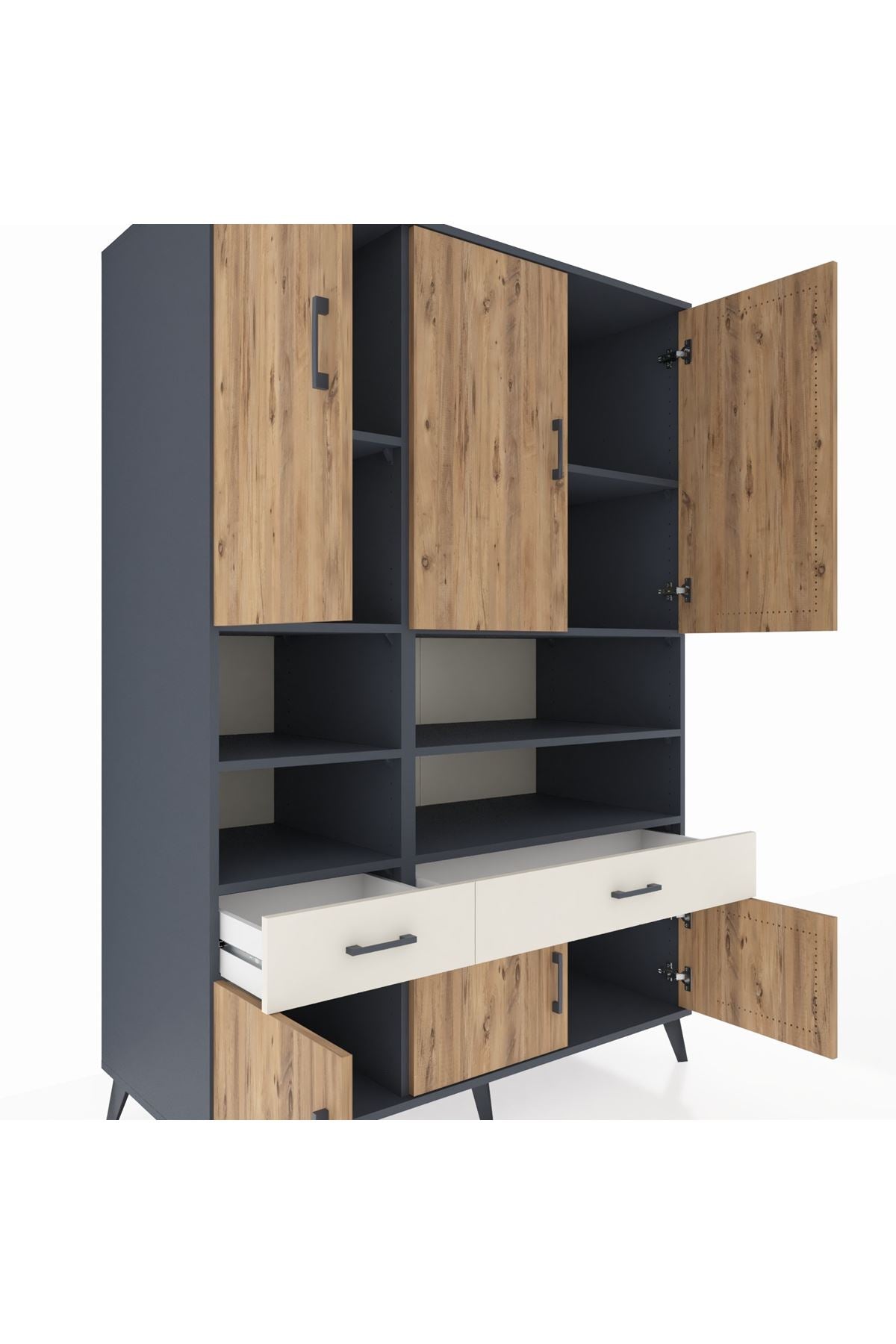 Kronos Dolap 8 Raflı 2 Çekmeceli 6 Kapaklı 132x59x195 Antrasit-Çam/Aytaşı