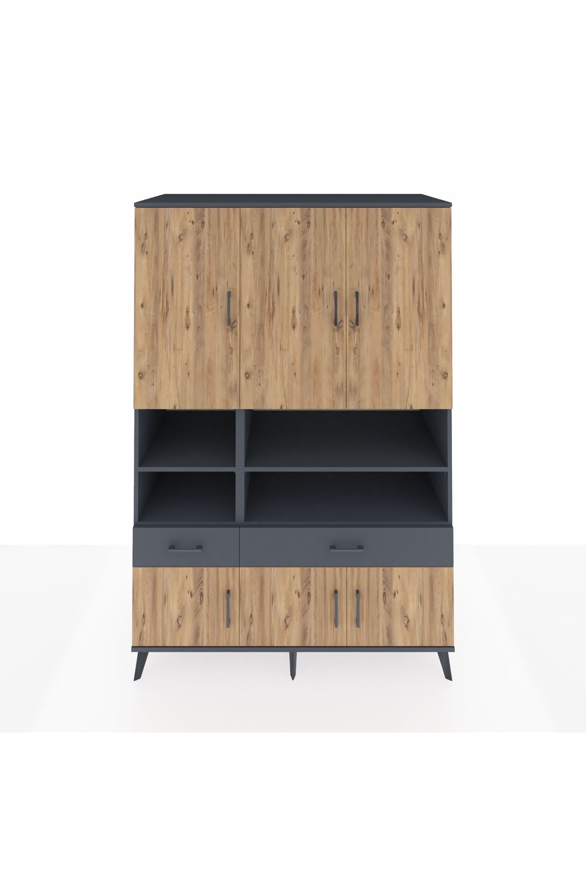 Kronos Dolap 8 Raflı 2 Çekmeceli 6 Kapaklı 132x59x195 Antrasit-Çam/Antrasit