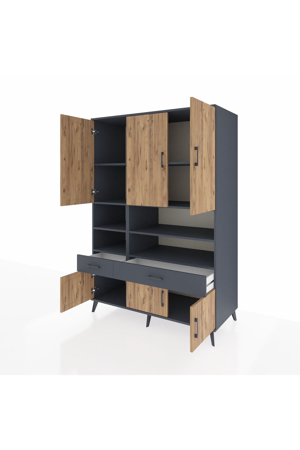 Kronos Dolap 8 Raflı 2 Çekmeceli 6 Kapaklı 132x59x195 Antrasit-Çam/Antrasit