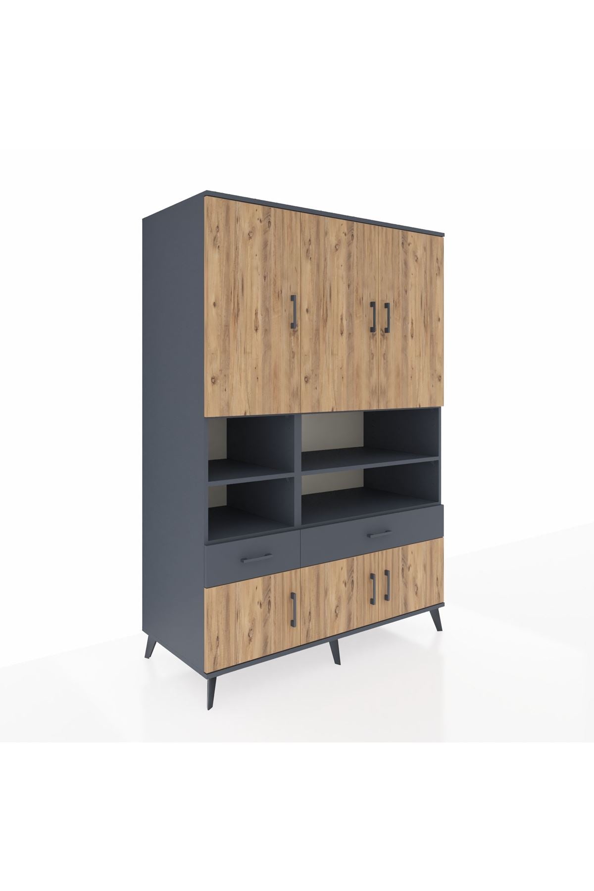 Kronos Dolap 8 Raflı 2 Çekmeceli 6 Kapaklı 132x59x195 Antrasit-Çam/Antrasit