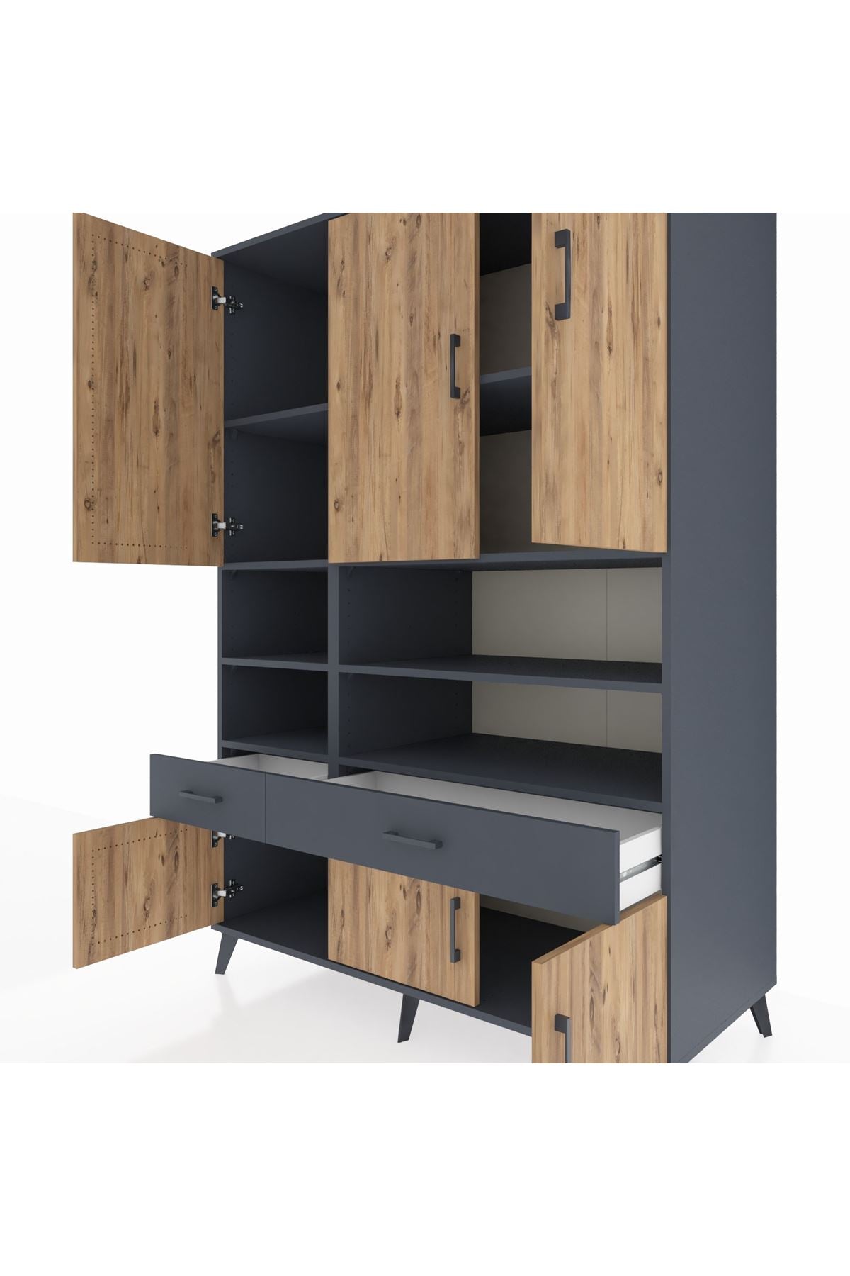 Kronos Dolap 8 Raflı 2 Çekmeceli 6 Kapaklı 132x59x195 Antrasit-Çam/Antrasit