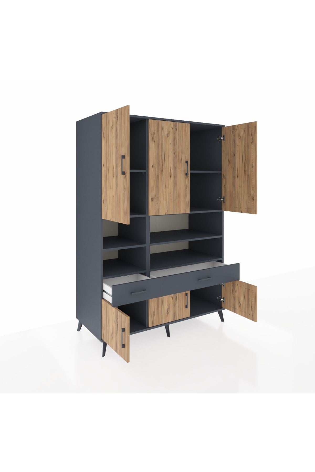 Kronos Dolap 8 Raflı 2 Çekmeceli 6 Kapaklı 132x59x195 Antrasit-Çam/Antrasit