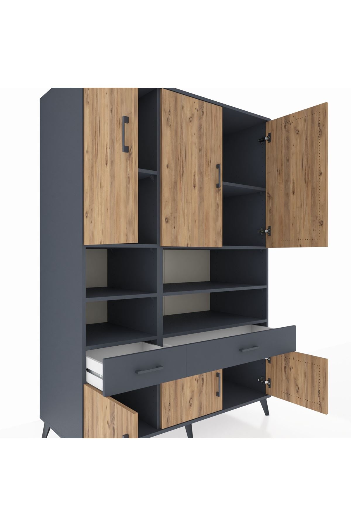 Kronos Dolap 8 Raflı 2 Çekmeceli 6 Kapaklı 132x59x195 Antrasit-Çam/Antrasit