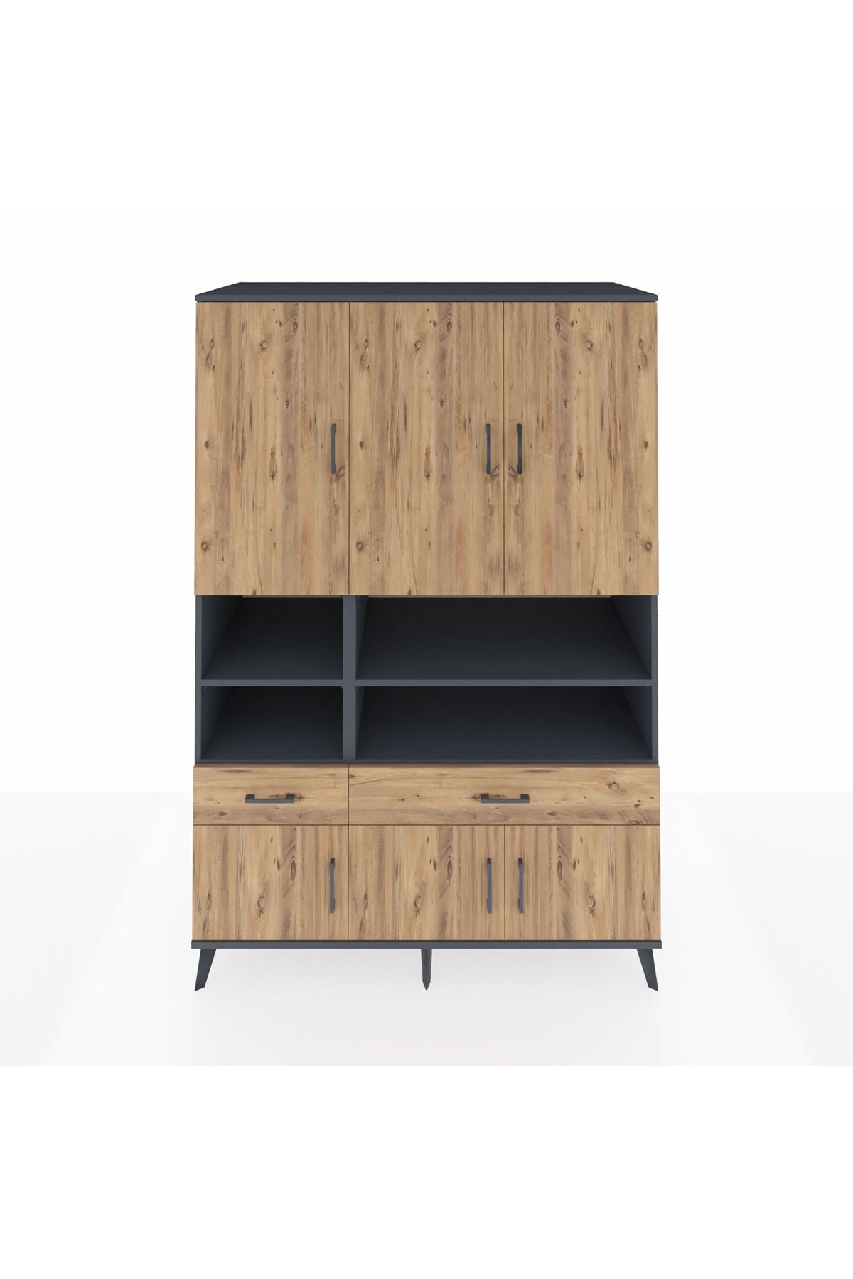 Kronos Dolap 8 Raflı 2 Çekmeceli 6 Kapaklı 132x59x195 Antrasit-Çam/Çam