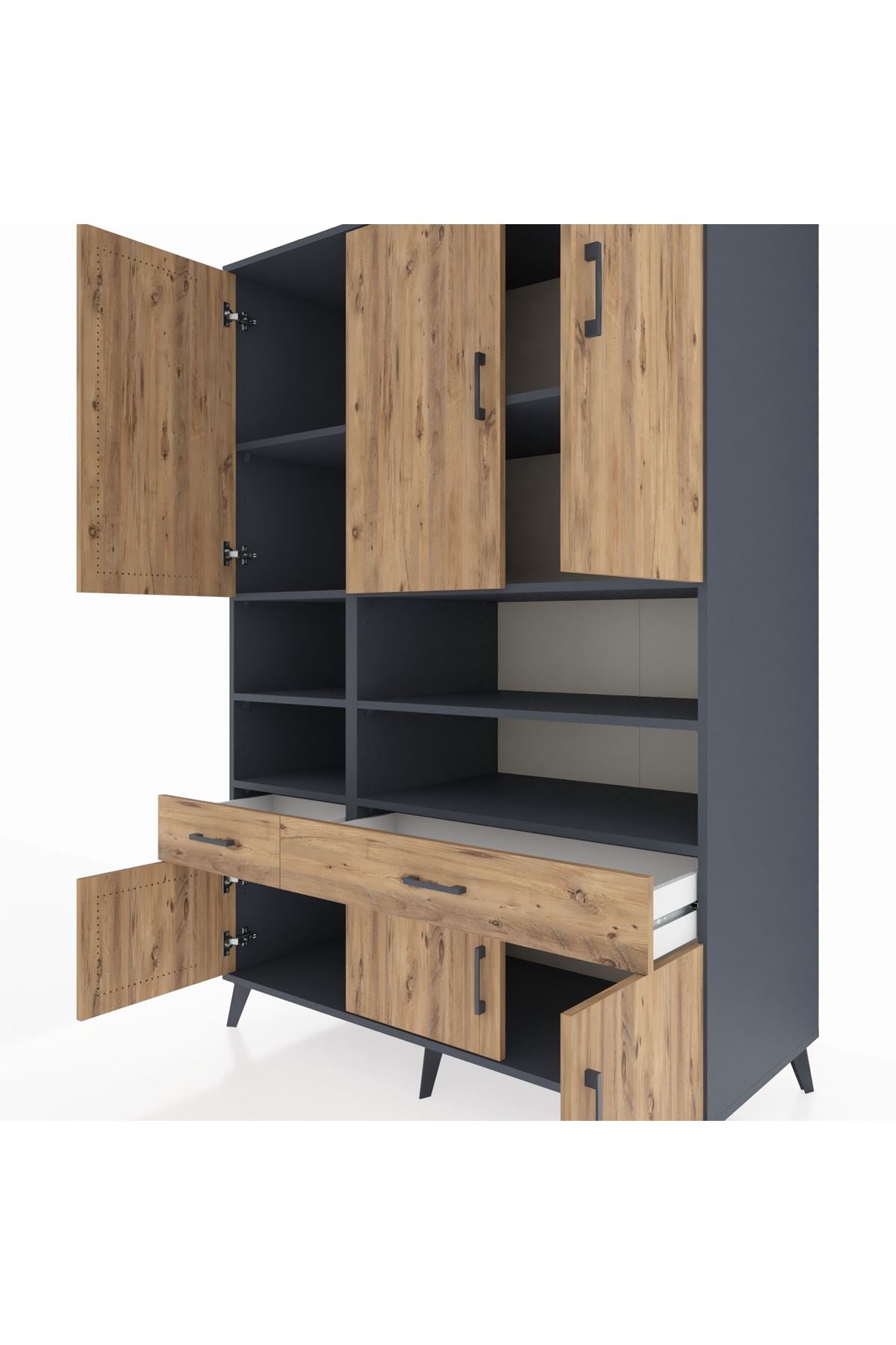 Kronos Dolap 8 Raflı 2 Çekmeceli 6 Kapaklı 132x59x195 Antrasit-Çam/Çam