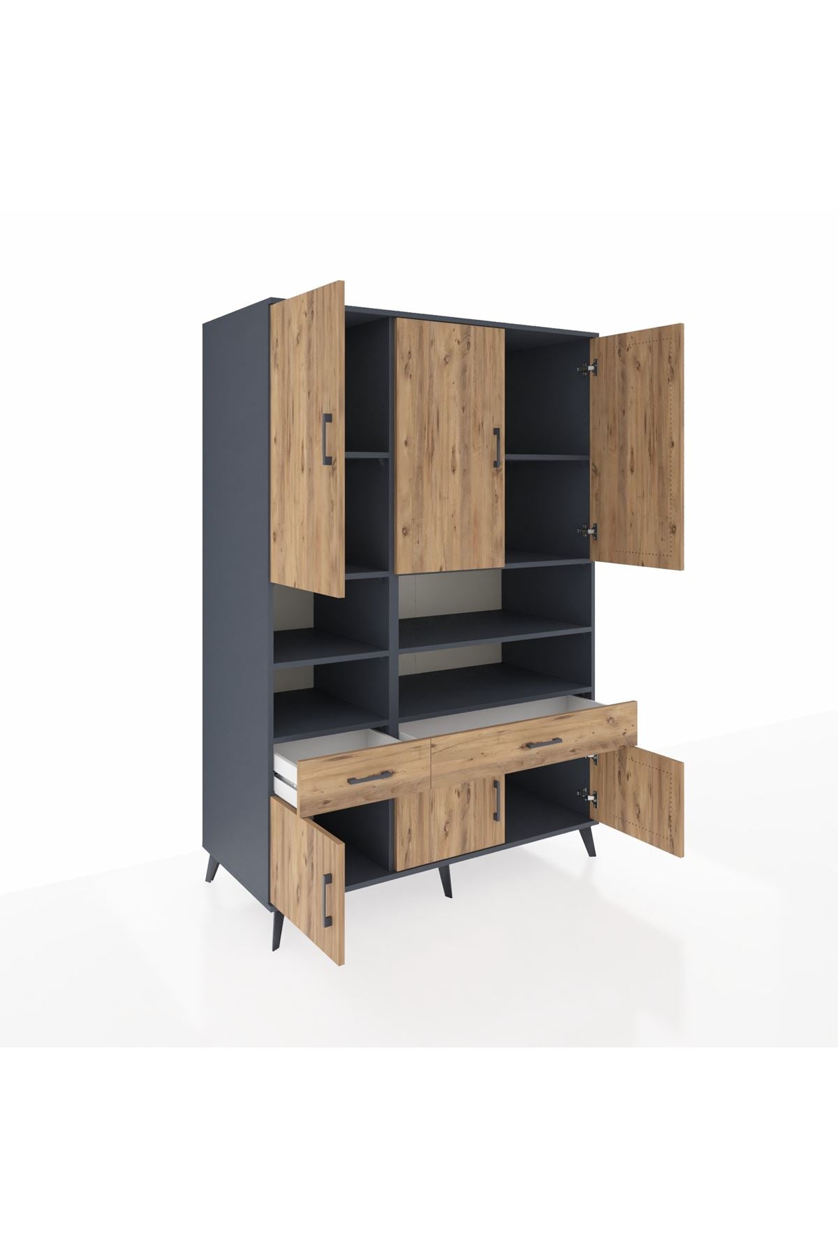 Kronos Dolap 8 Raflı 2 Çekmeceli 6 Kapaklı 132x59x195 Antrasit-Çam/Çam