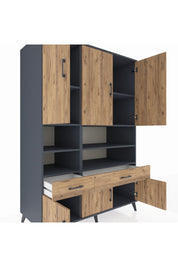 Kronos Dolap 8 Raflı 2 Çekmeceli 6 Kapaklı 132x59x195 Antrasit-Çam/Çam