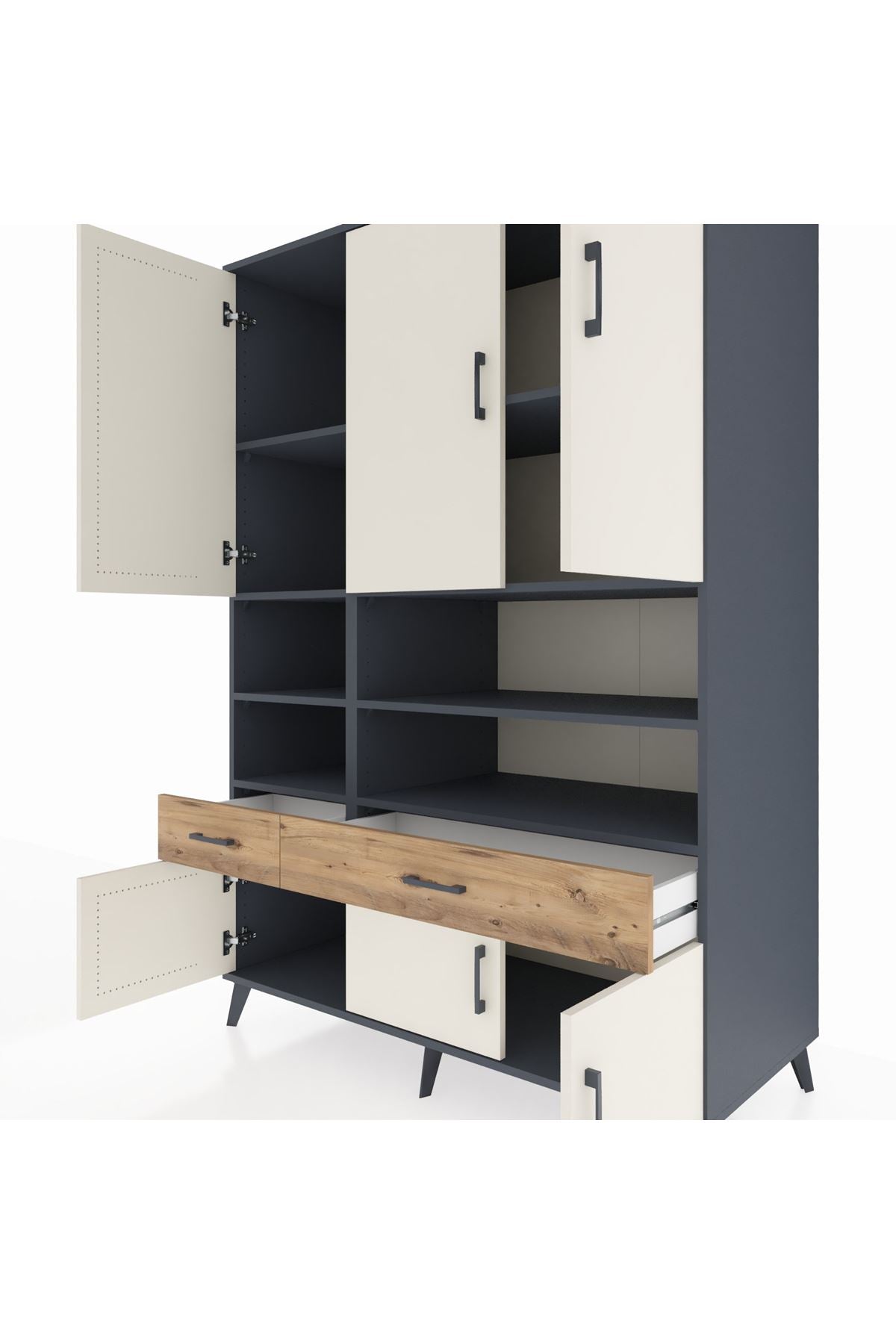 Kronos Dolap 8 Raflı 2 Çekmeceli 6 Kapaklı 132x59x195 Antrasit-Aytaşı/Çam