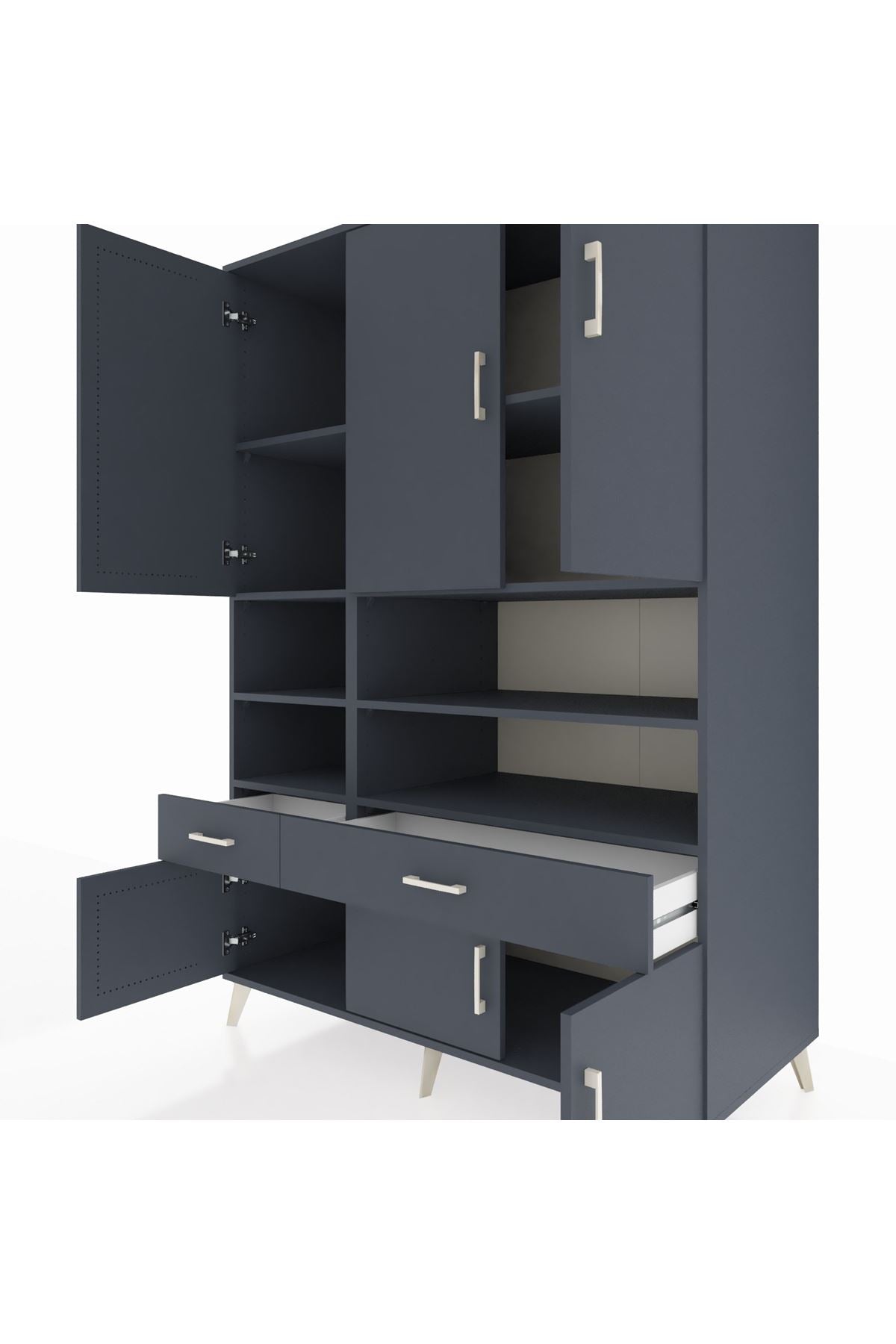 Kronos Dolap 8 Raflı 2 Çekmeceli 6 Kapaklı 132x59x195 Antrasit-Antrasit/Antrasit