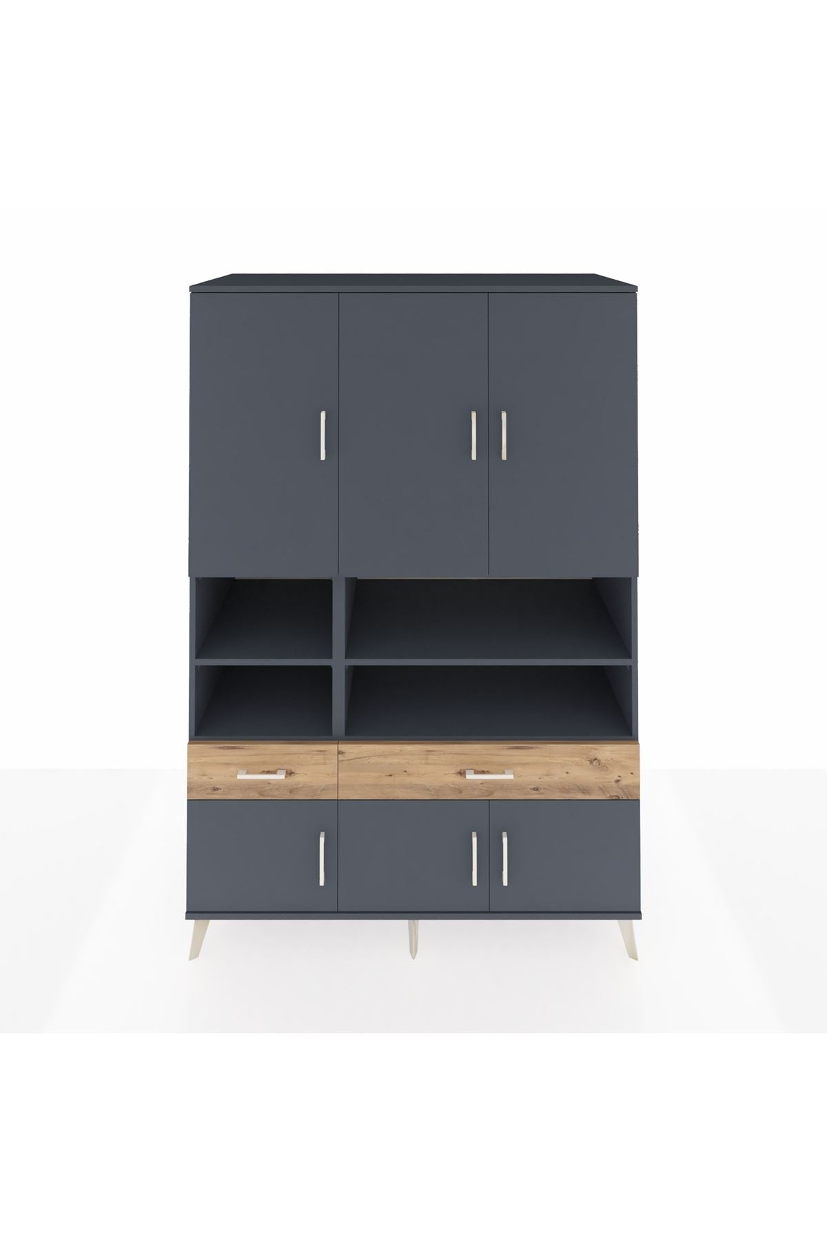 Kronos Dolap 8 Raflı 2 Çekmeceli 6 Kapaklı 132x59x195 Antrasit-Antrasit/Çam