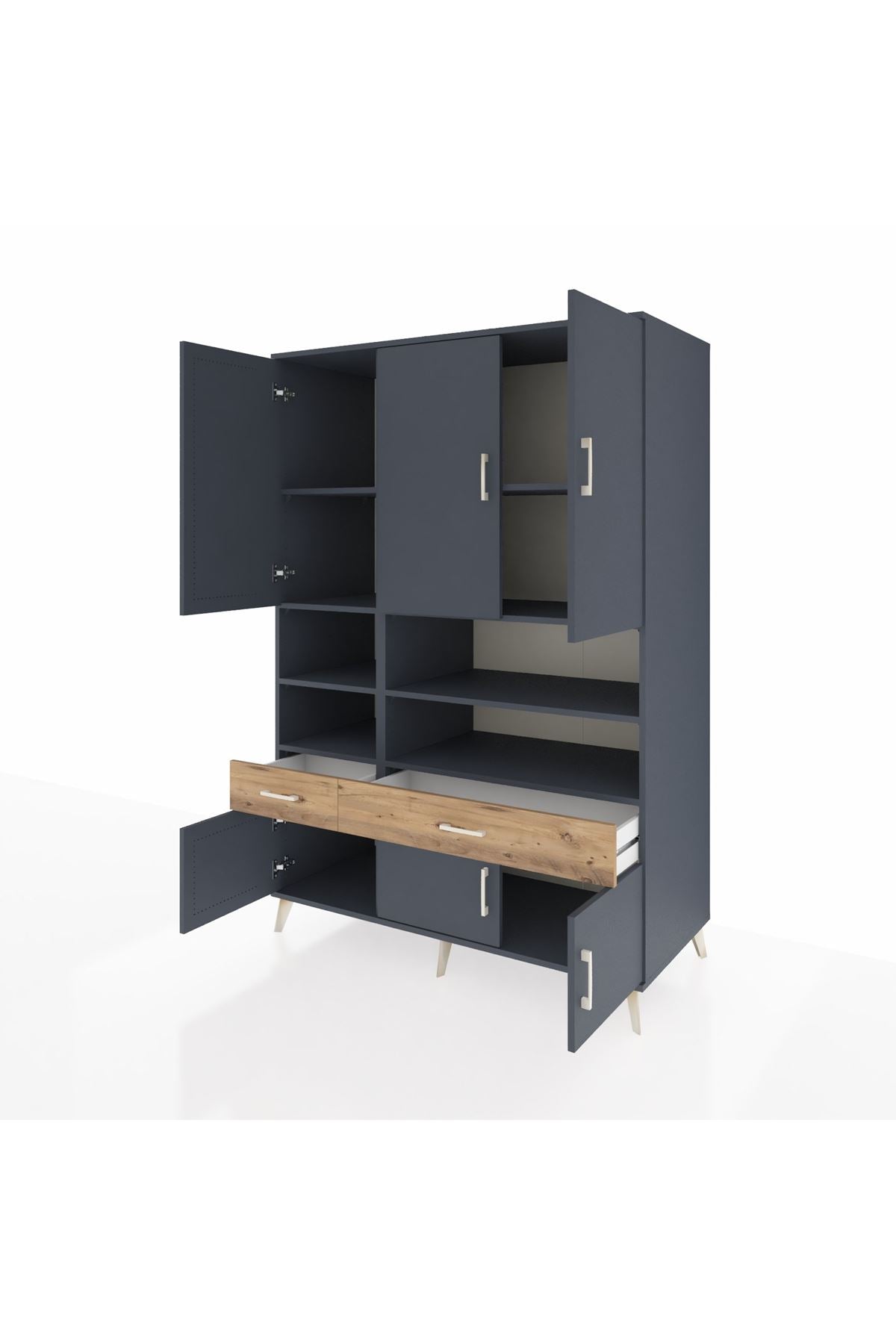 Kronos Dolap 8 Raflı 2 Çekmeceli 6 Kapaklı 132x59x195 Antrasit-Antrasit/Çam