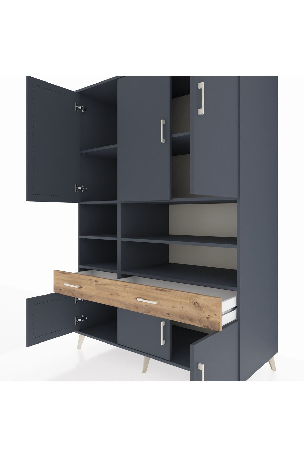 Kronos Dolap 8 Raflı 2 Çekmeceli 6 Kapaklı 132x59x195 Antrasit-Antrasit/Çam