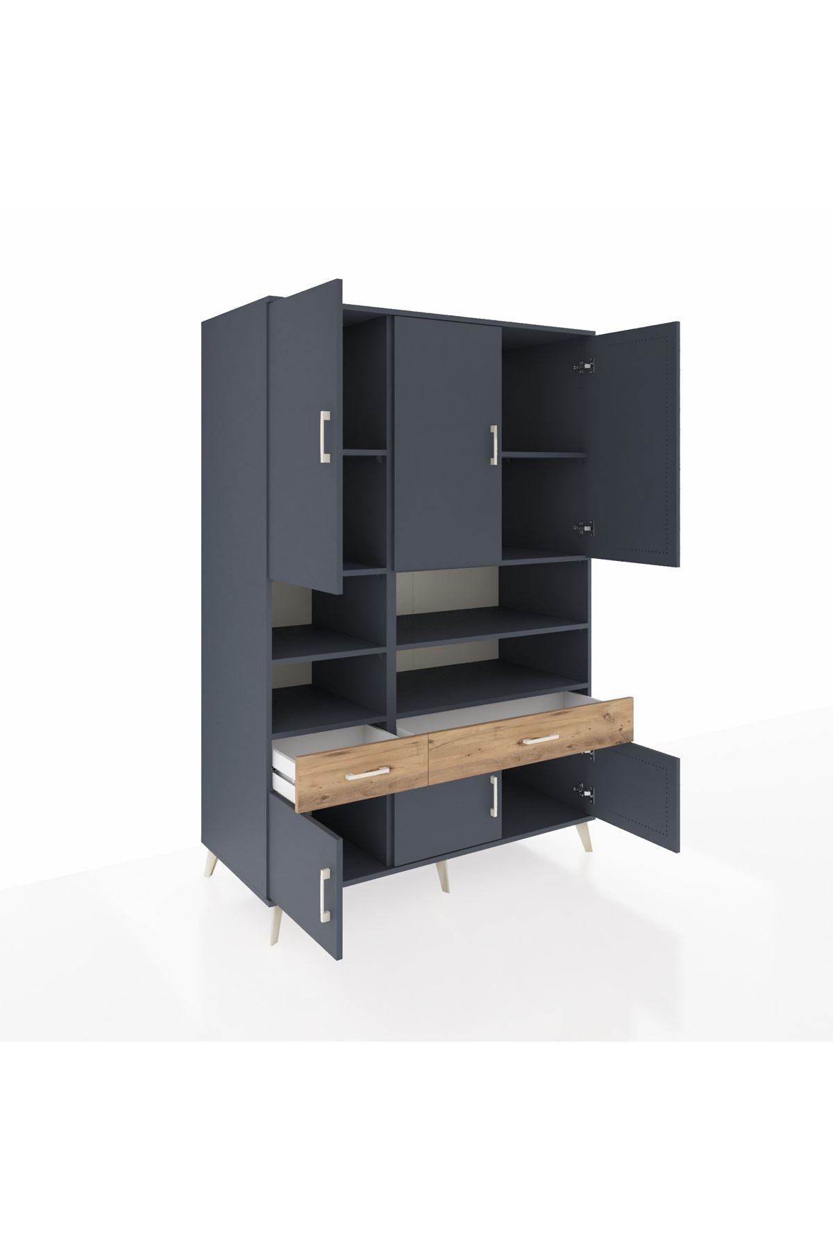 Kronos Dolap 8 Raflı 2 Çekmeceli 6 Kapaklı 132x59x195 Antrasit-Antrasit/Çam