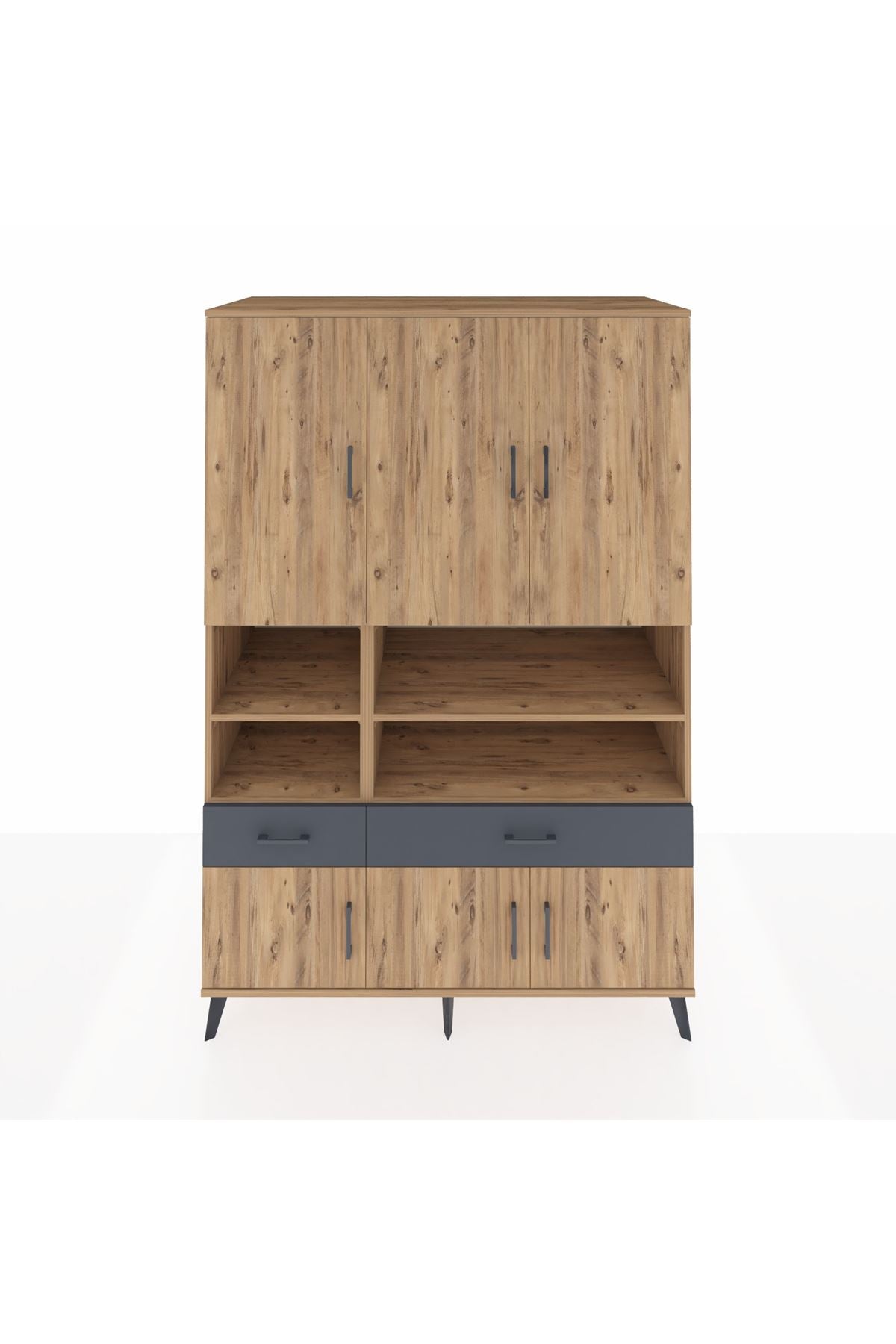 Kronos Dolap 8 Raflı 2 Çekmeceli 6 Kapaklı 132x59x195 Çam-Çam/Antrasit