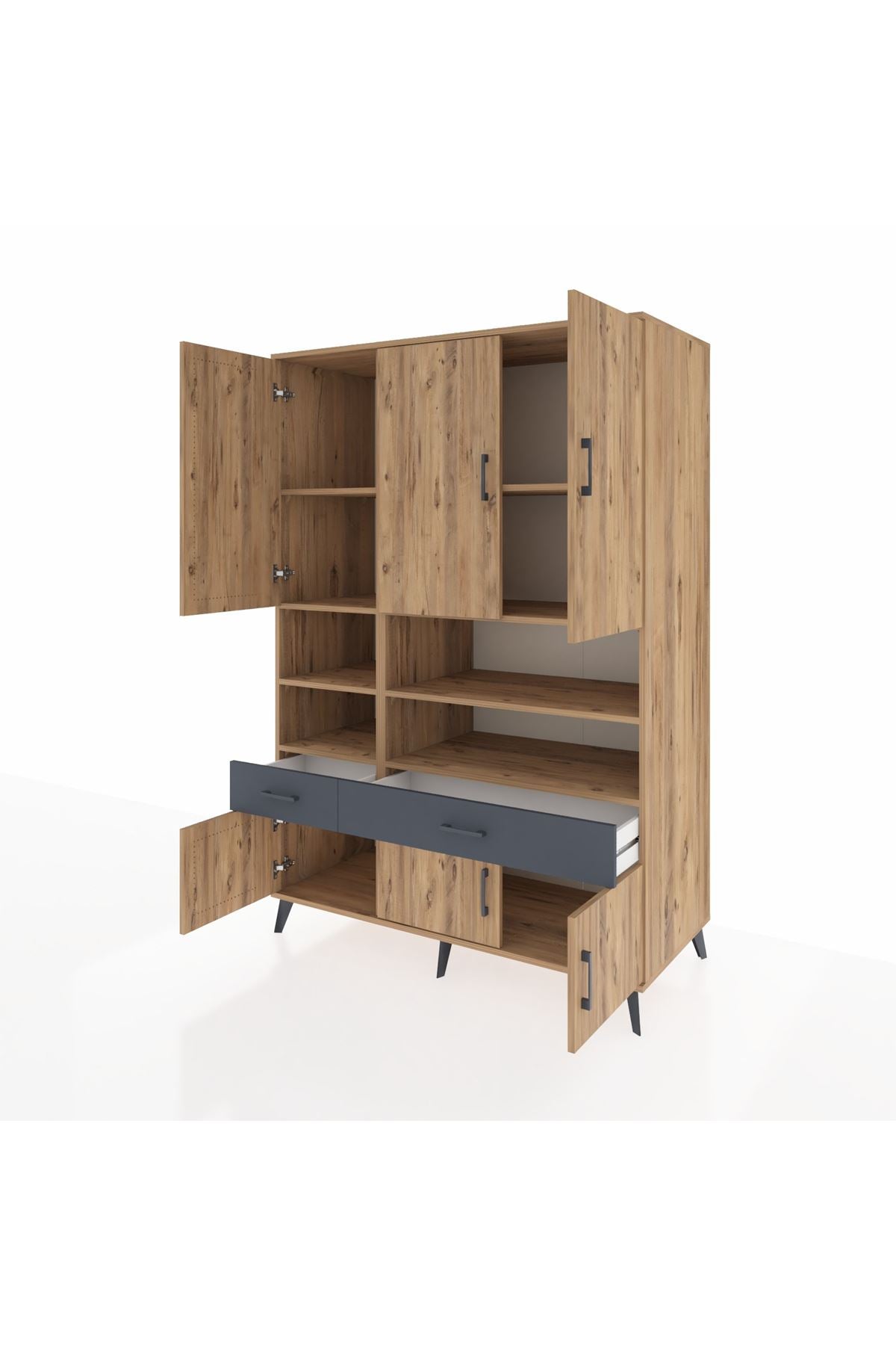 Kronos Dolap 8 Raflı 2 Çekmeceli 6 Kapaklı 132x59x195 Çam-Çam/Antrasit