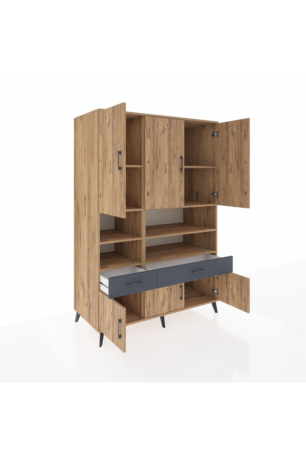 Kronos Dolap 8 Raflı 2 Çekmeceli 6 Kapaklı 132x59x195 Çam-Çam/Antrasit