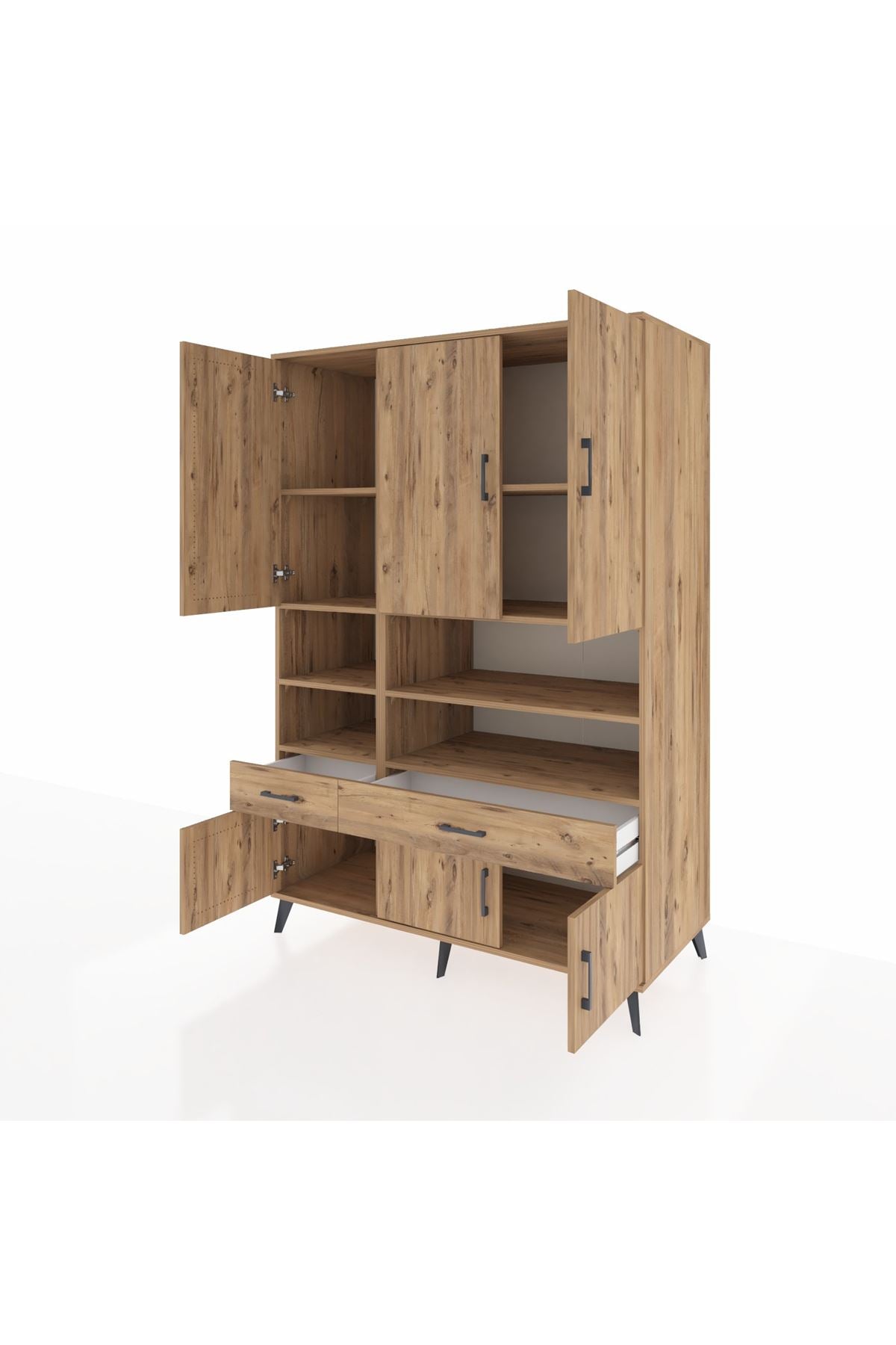 Kronos Dolap 8 Raflı 2 Çekmeceli 6 Kapaklı 132x59x195 Çam-Çam/Çam