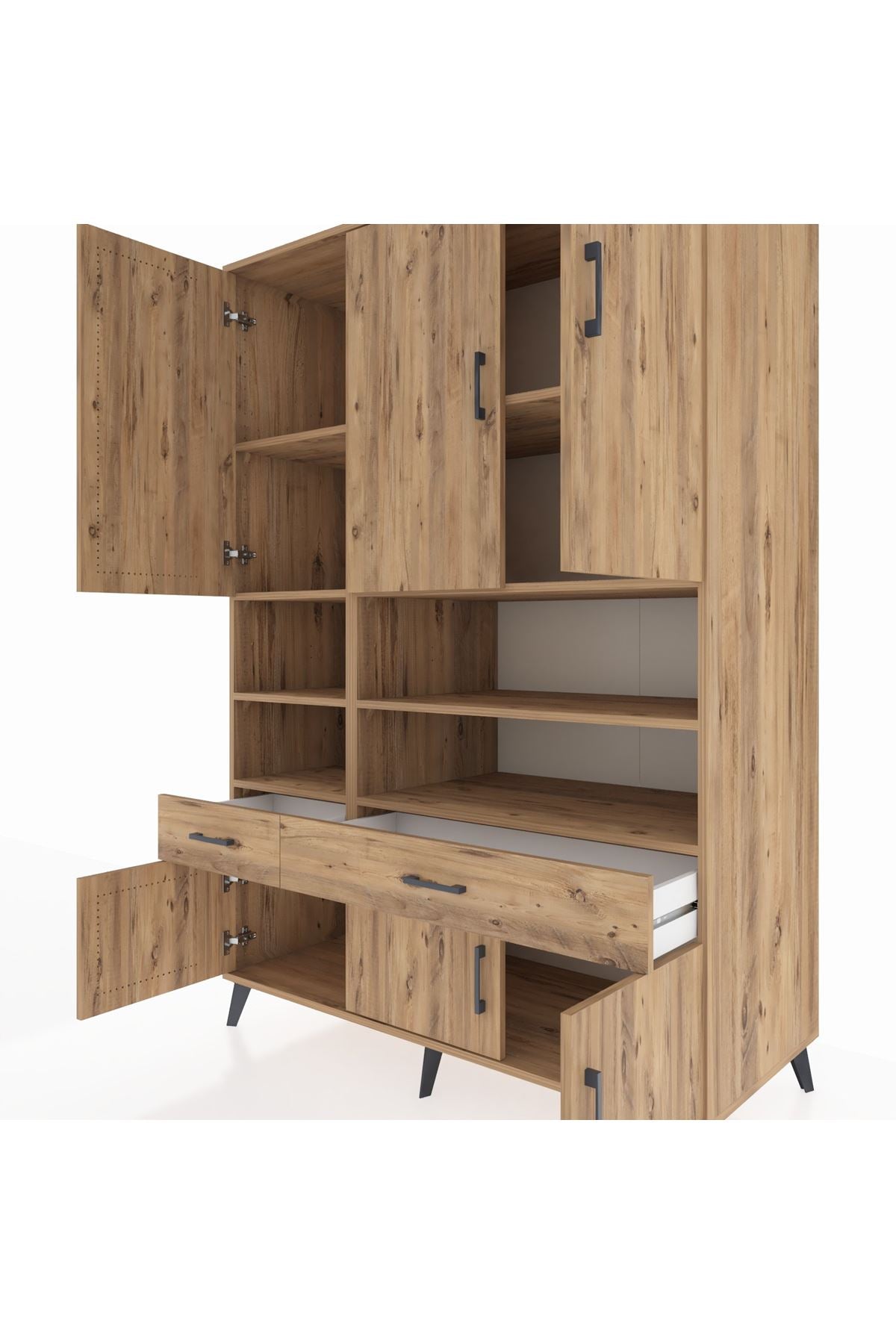 Kronos Dolap 8 Raflı 2 Çekmeceli 6 Kapaklı 132x59x195 Çam-Çam/Çam