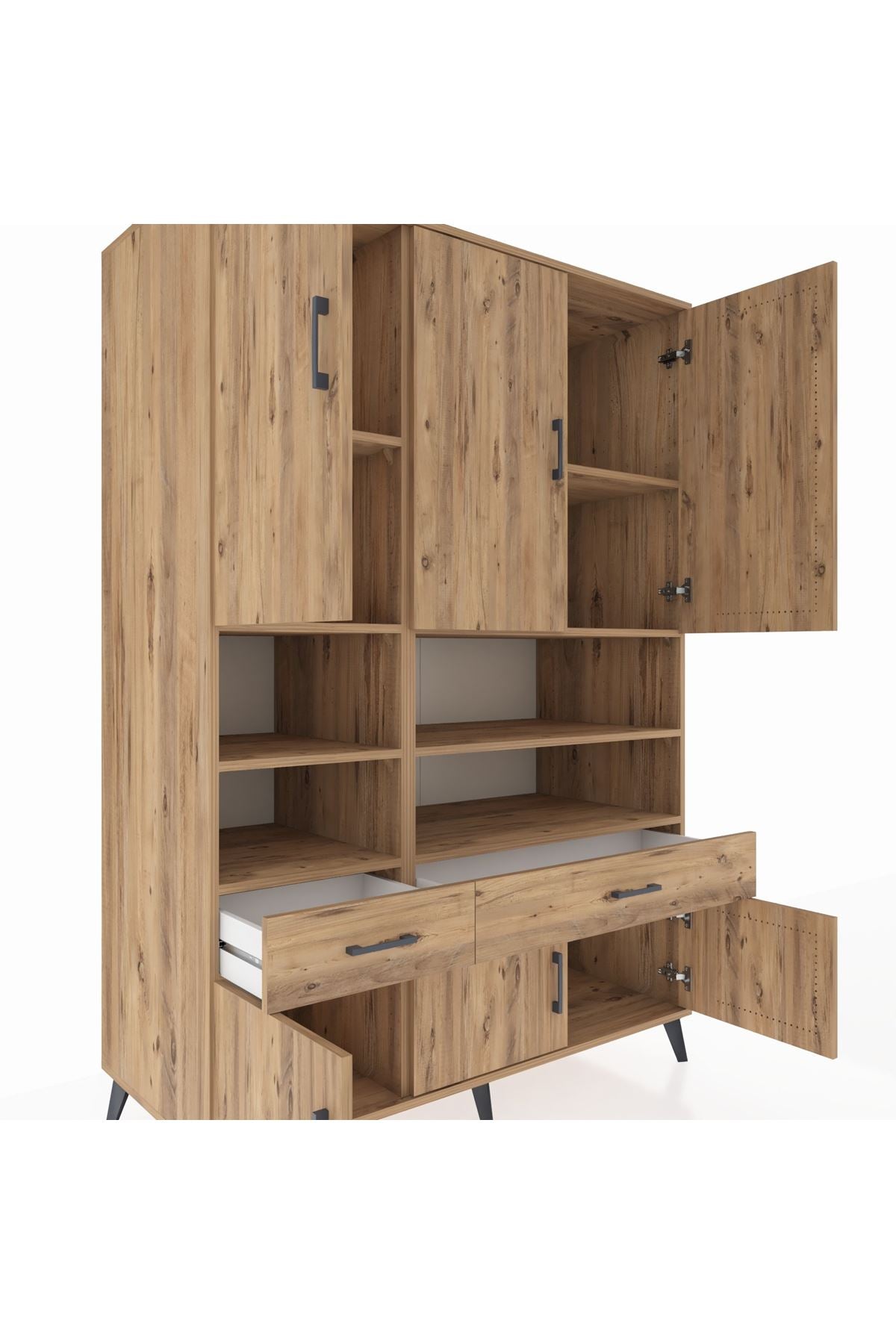 Kronos Dolap 8 Raflı 2 Çekmeceli 6 Kapaklı 132x59x195 Çam-Çam/Çam