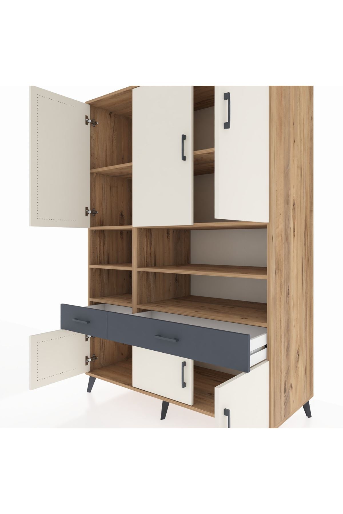 Kronos Dolap 8 Raflı 2 Çekmeceli 6 Kapaklı 132x59x195 Çam-Aytaşı/Antrasit