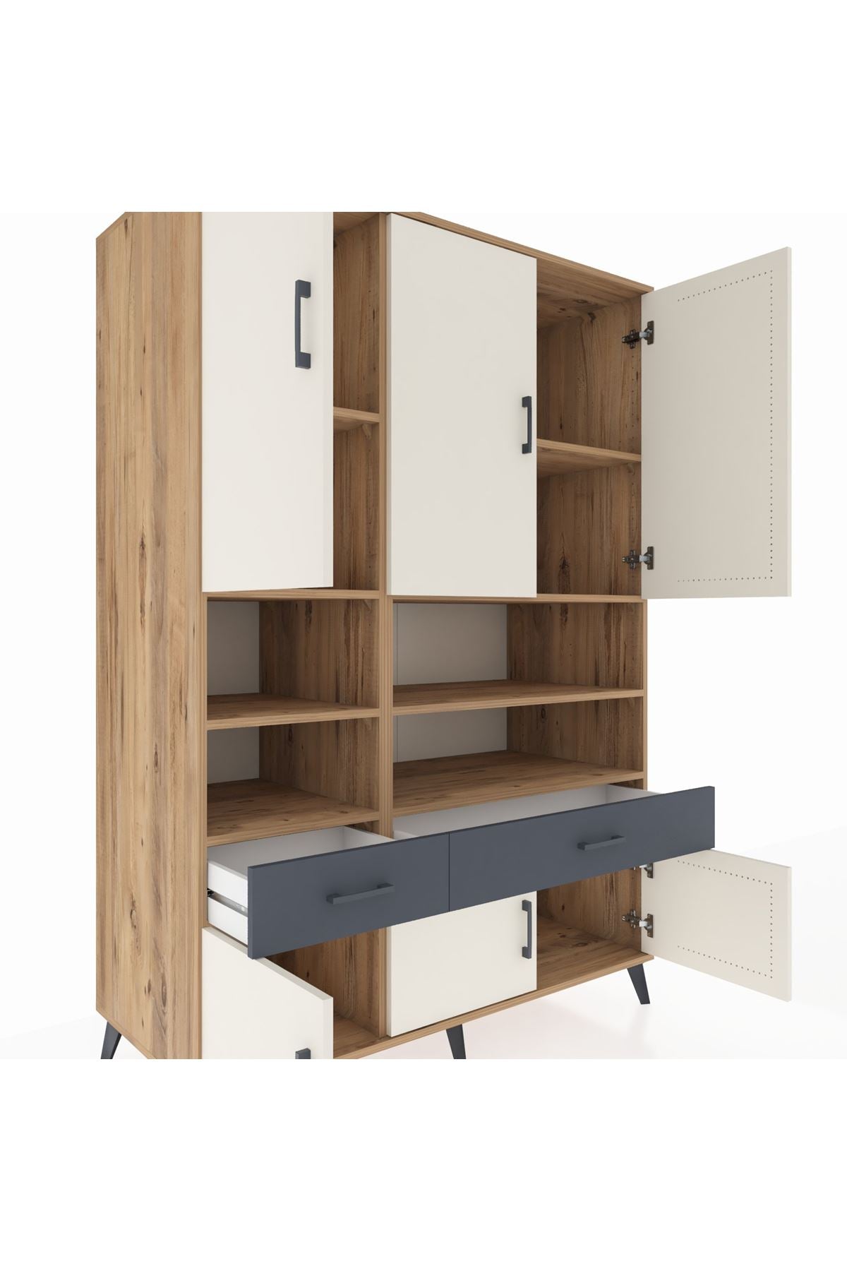 Kronos Dolap 8 Raflı 2 Çekmeceli 6 Kapaklı 132x59x195 Çam-Aytaşı/Antrasit