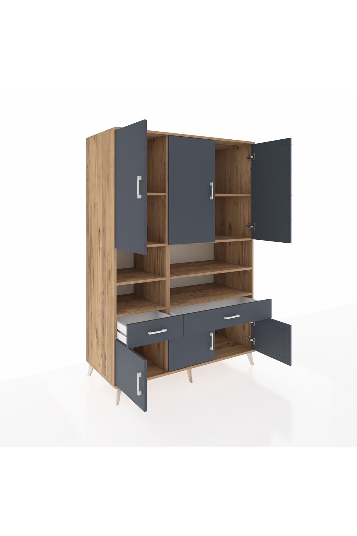 Kronos Dolap 8 Raflı 2 Çekmeceli 6 Kapaklı 132x59x195 Çam-Antrasit/Antrasit