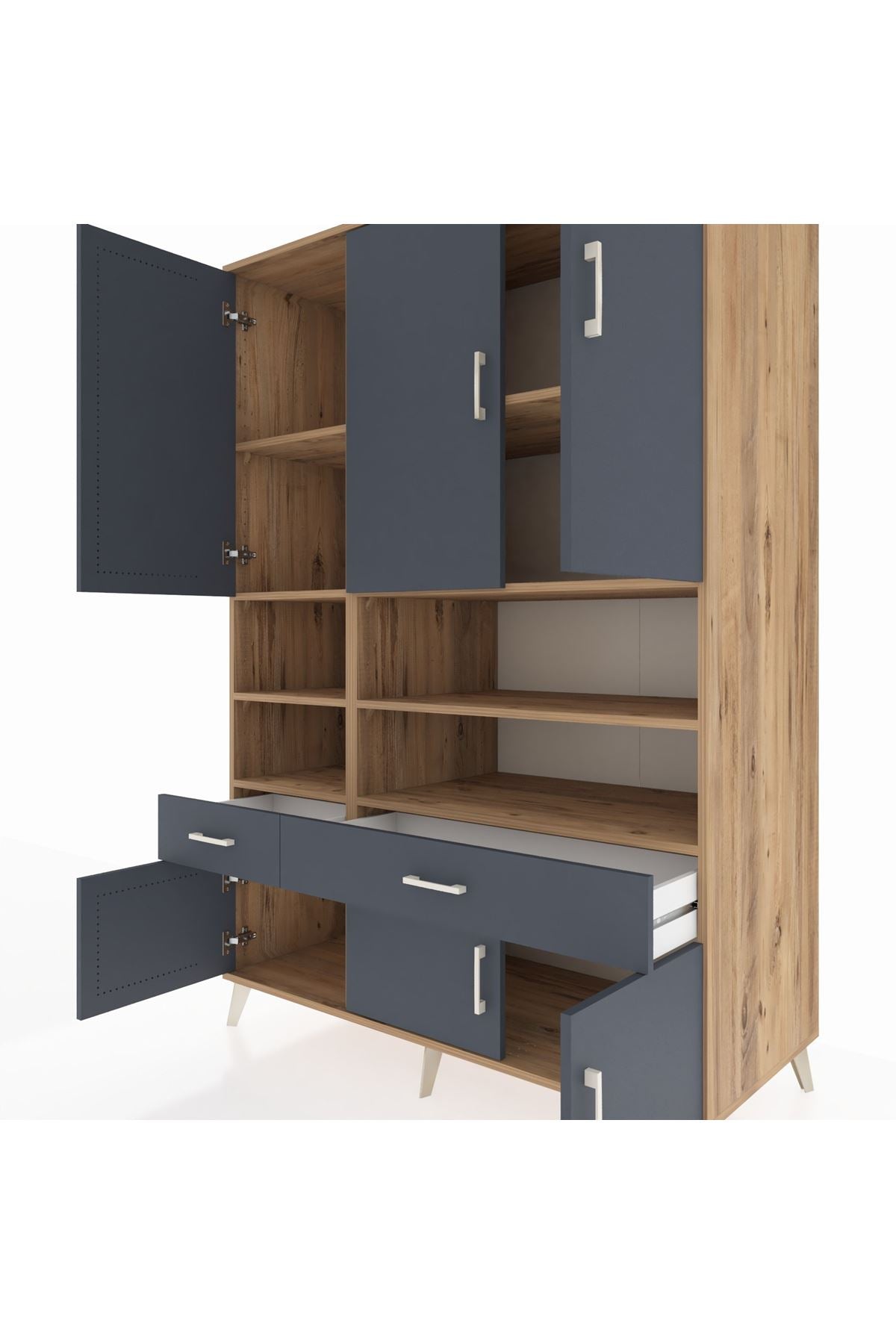 Kronos Dolap 8 Raflı 2 Çekmeceli 6 Kapaklı 132x59x195 Çam-Antrasit/Antrasit