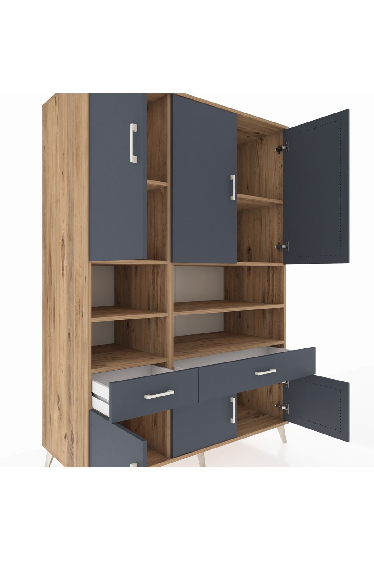 Kronos Dolap 8 Raflı 2 Çekmeceli 6 Kapaklı 132x59x195 Çam-Antrasit/Antrasit