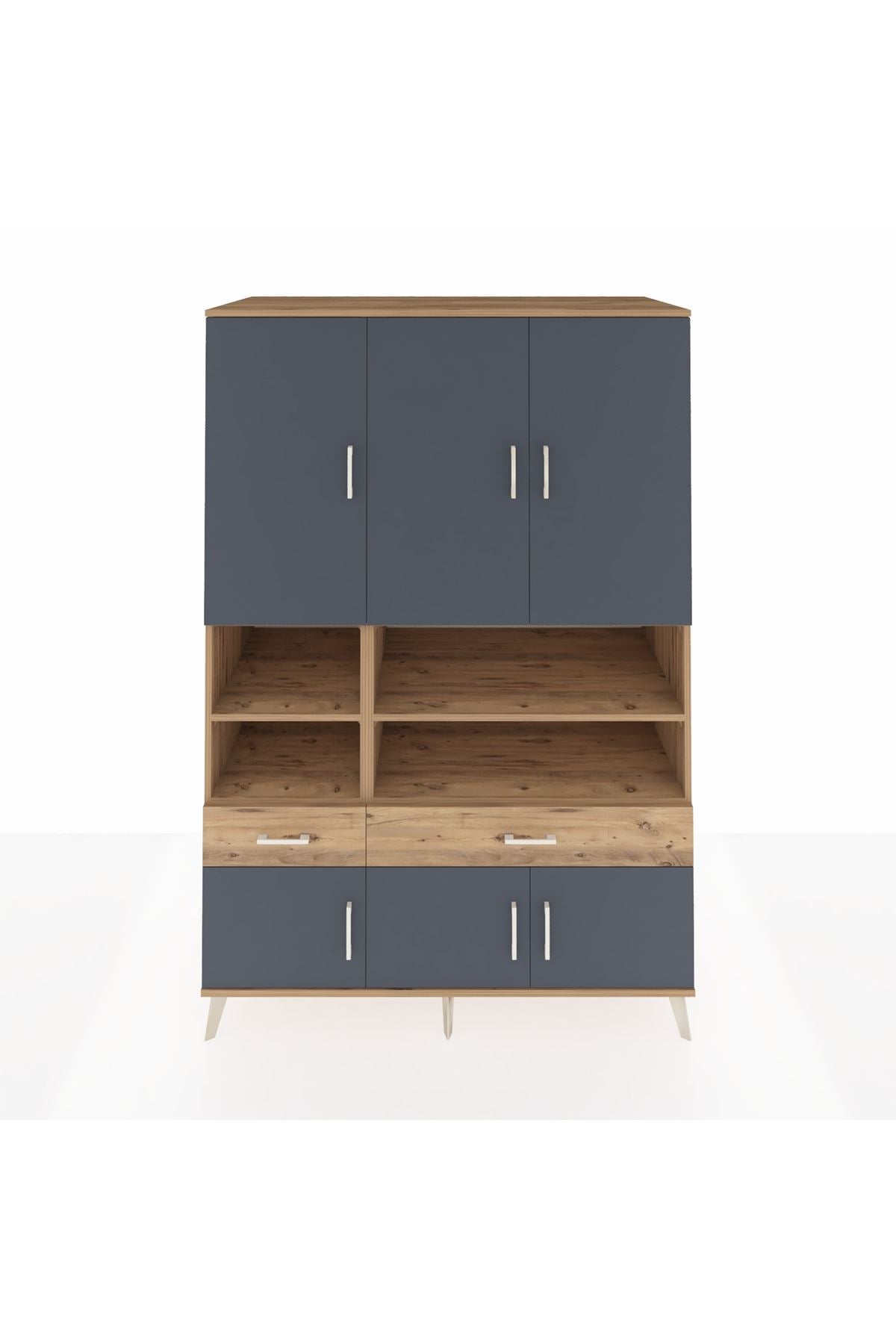 Kronos Dolap 8 Raflı 2 Çekmeceli 6 Kapaklı 132x59x195 Çam-Antrasit/Çam