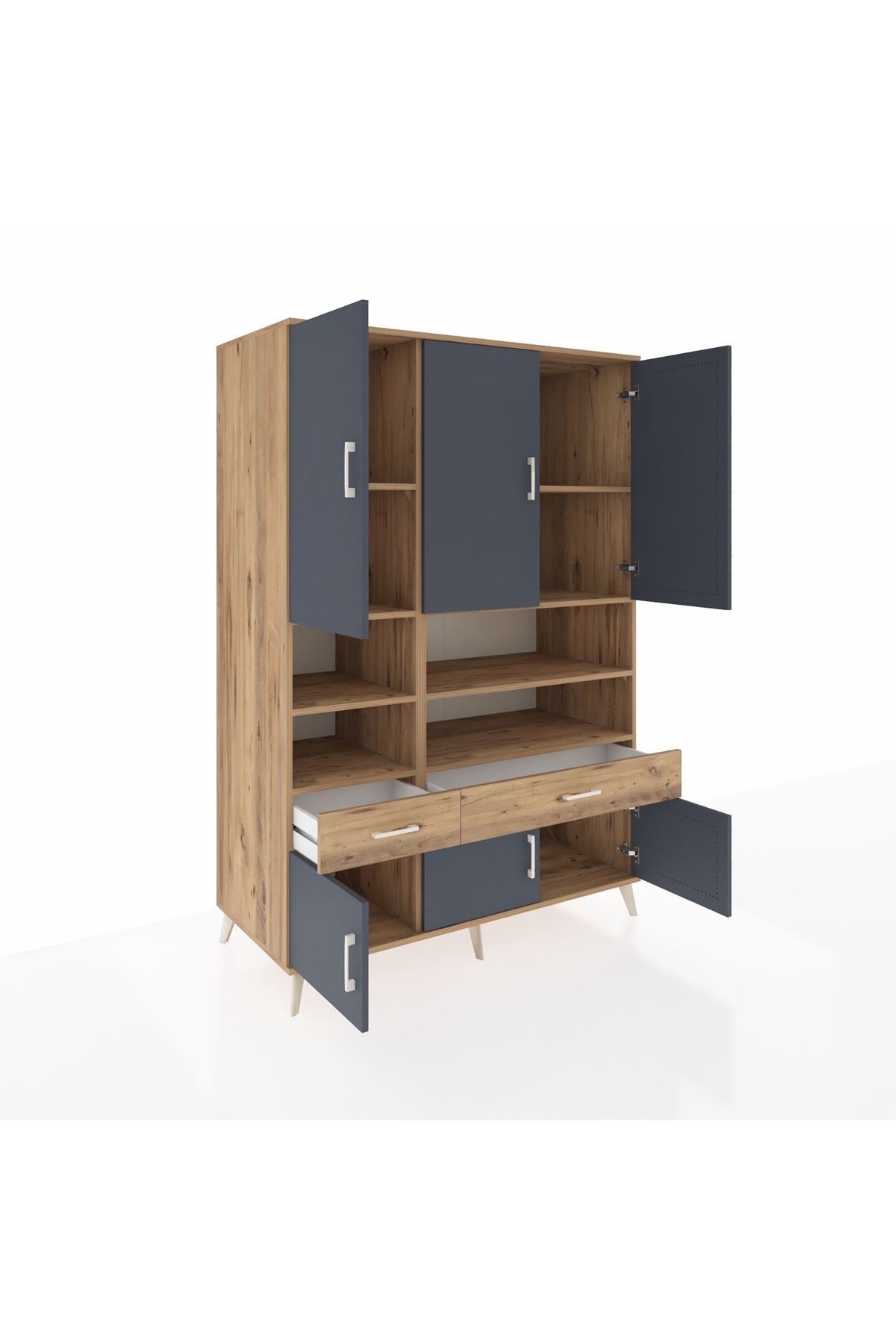 Kronos Dolap 8 Raflı 2 Çekmeceli 6 Kapaklı 132x59x195 Çam-Antrasit/Çam