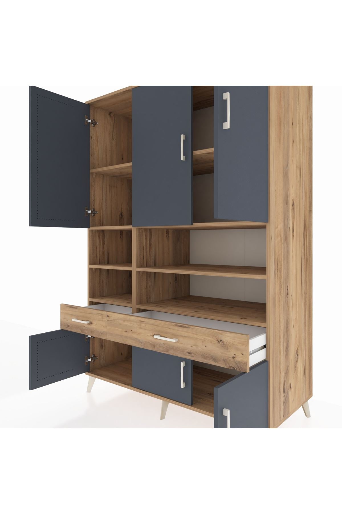 Kronos Dolap 8 Raflı 2 Çekmeceli 6 Kapaklı 132x59x195 Çam-Antrasit/Çam