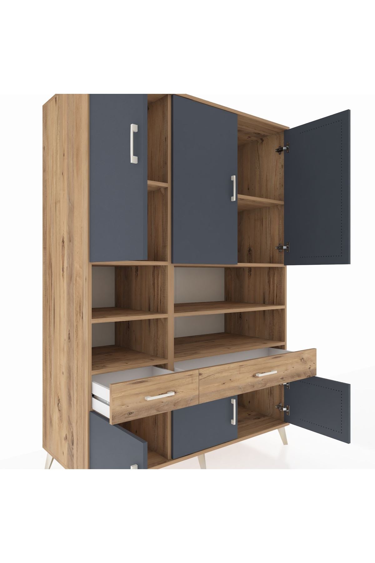 Kronos Dolap 8 Raflı 2 Çekmeceli 6 Kapaklı 132x59x195 Çam-Antrasit/Çam